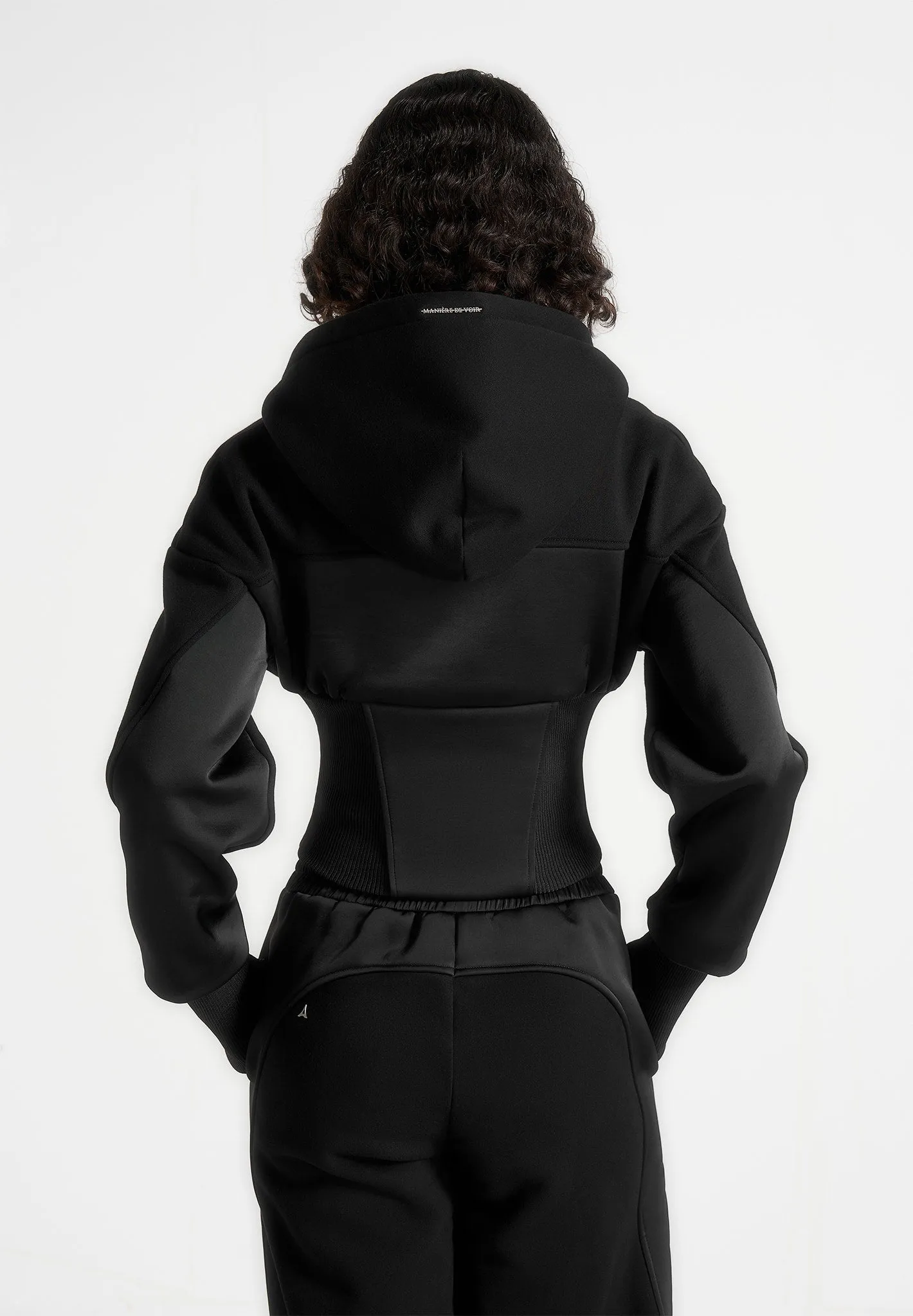 Grid Texture Fabric Sustainable Waterproofing Brune - Corset Jersey And Satin Zip Hoodie - Black