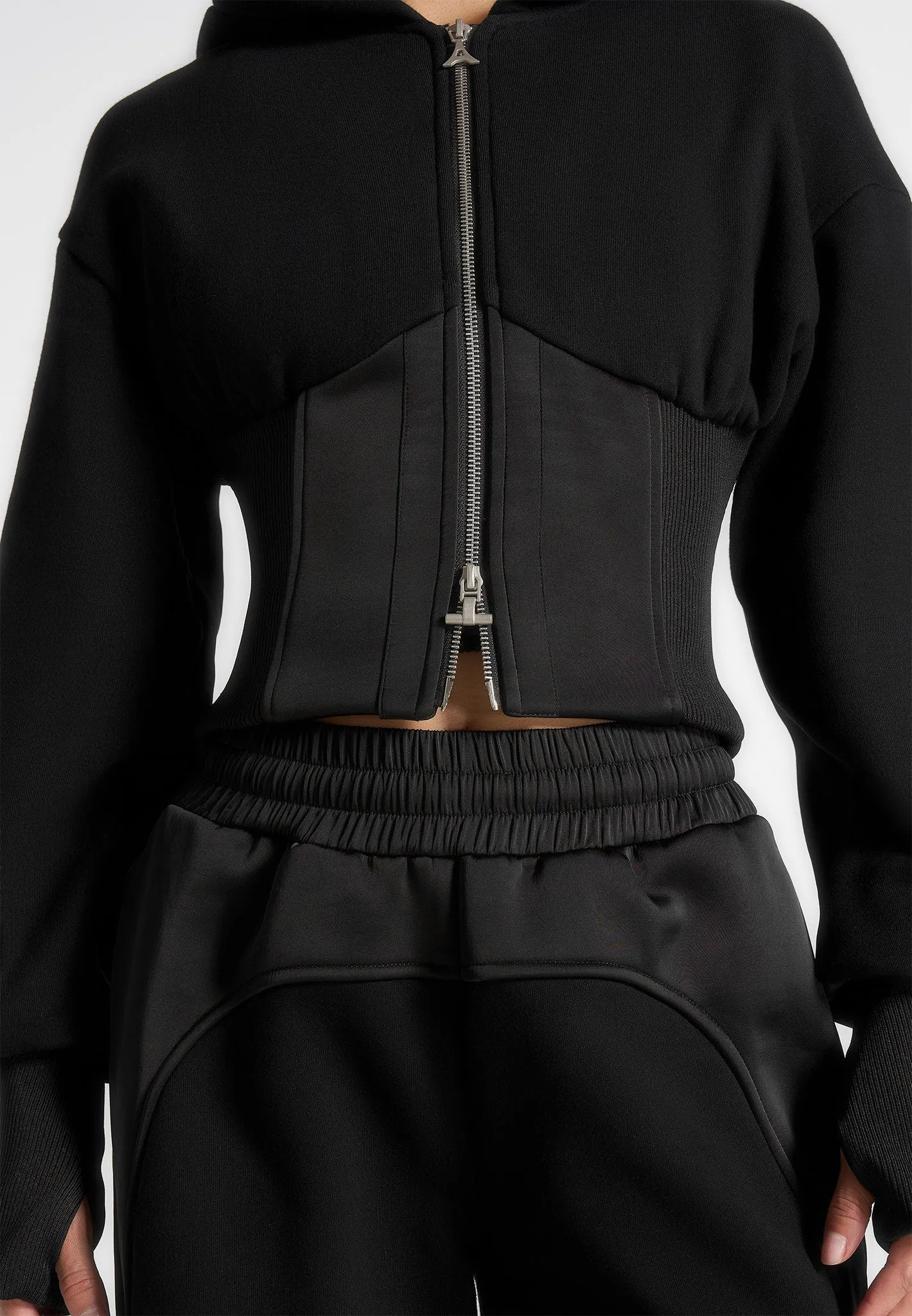 Reflective Safety Trim Minimalist Cuff Brune - Corset Jersey And Satin Zip Hoodie - Black
