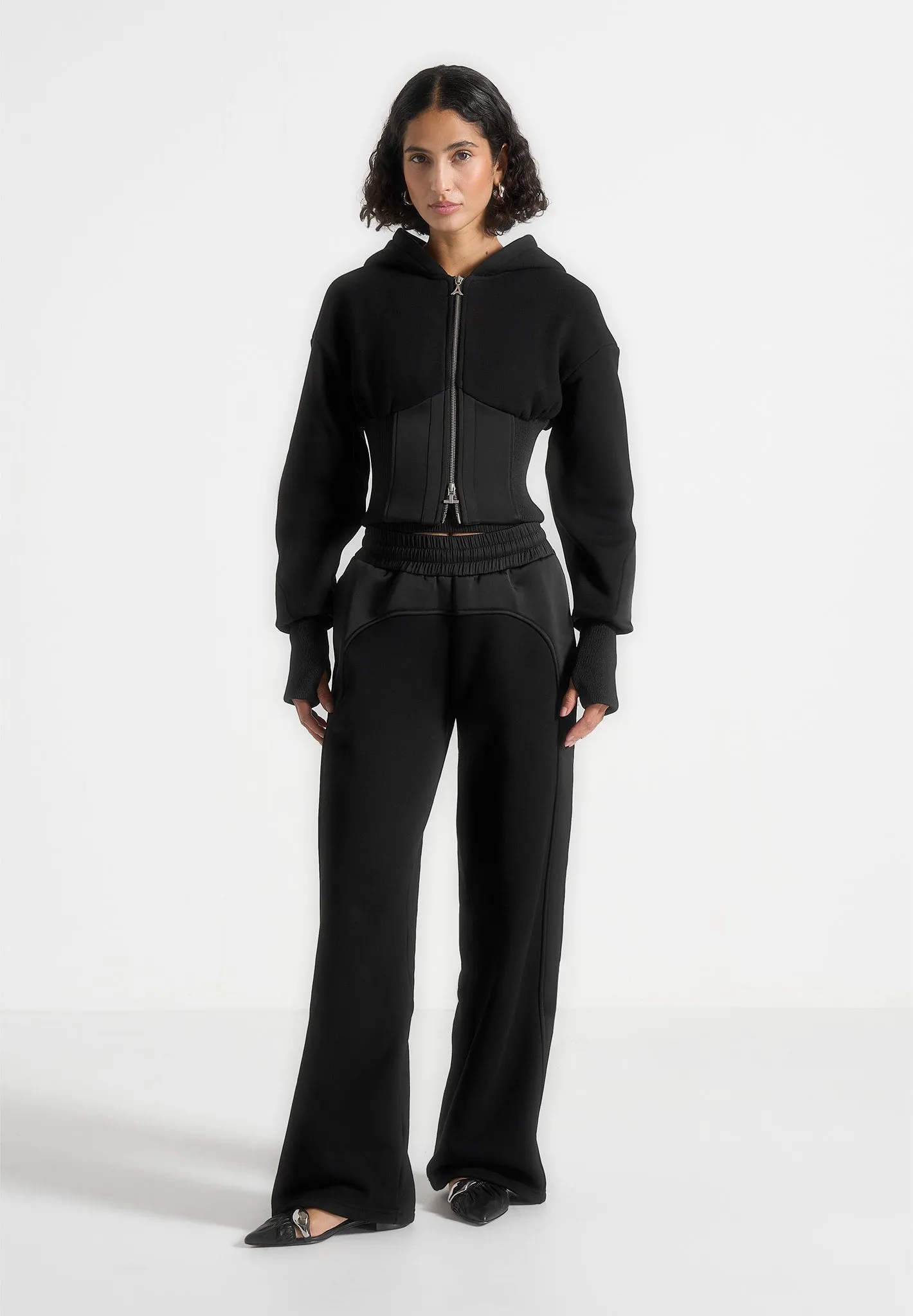 slim fit Casual dress Brune - Corset Jersey And Satin Zip Hoodie - Black