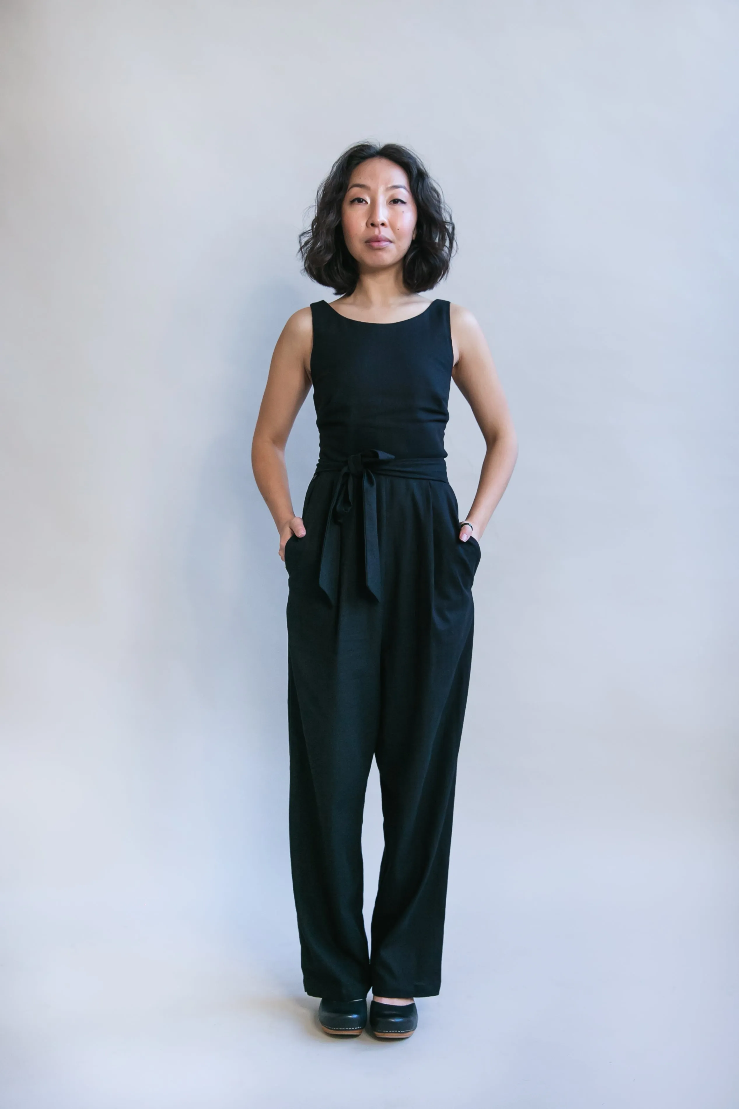 Taped Neckline PolishedFinish Liberty Jumpsuit in Black Linen