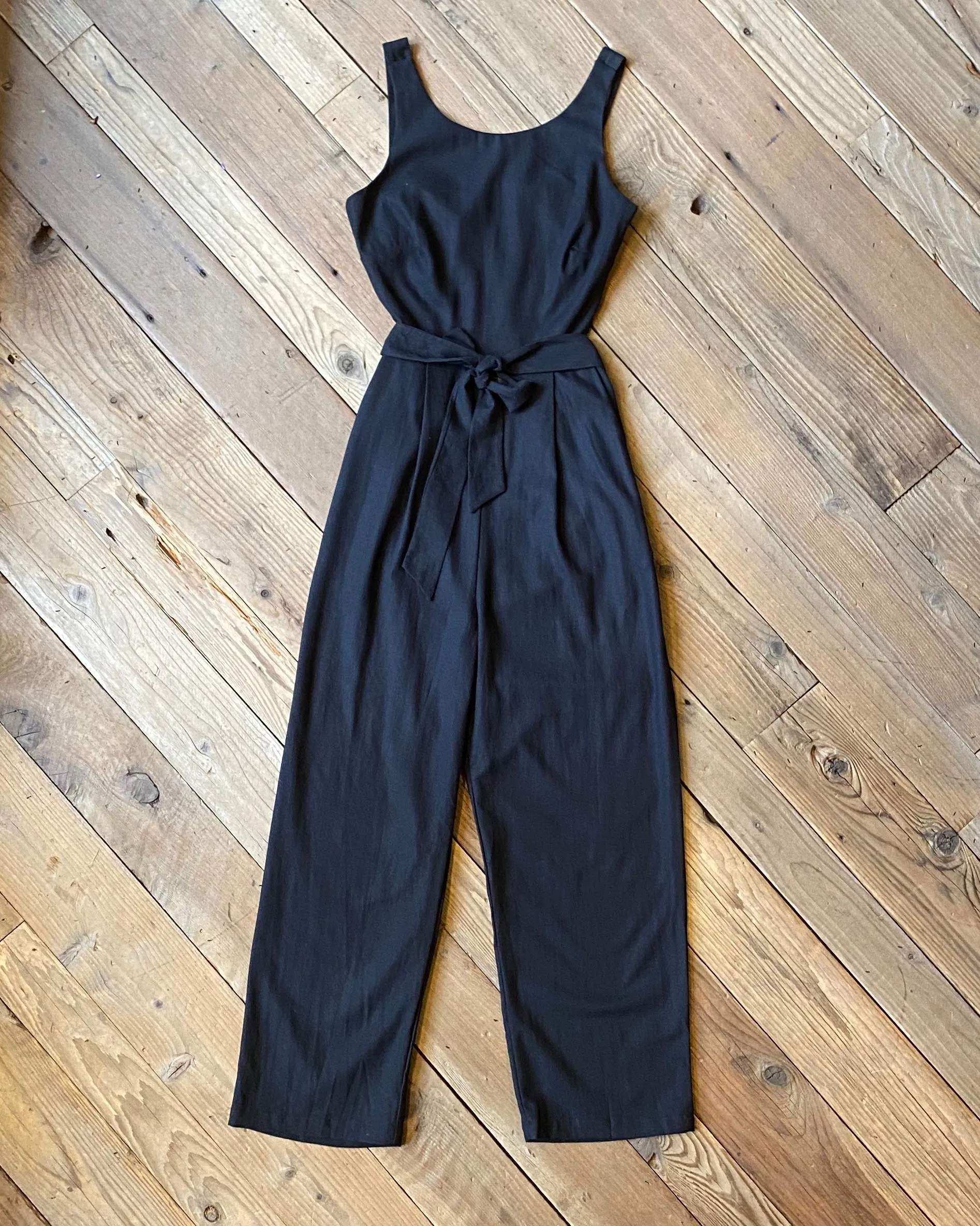 Liberty Jumpsuit in Black Linen Contrast Stitching