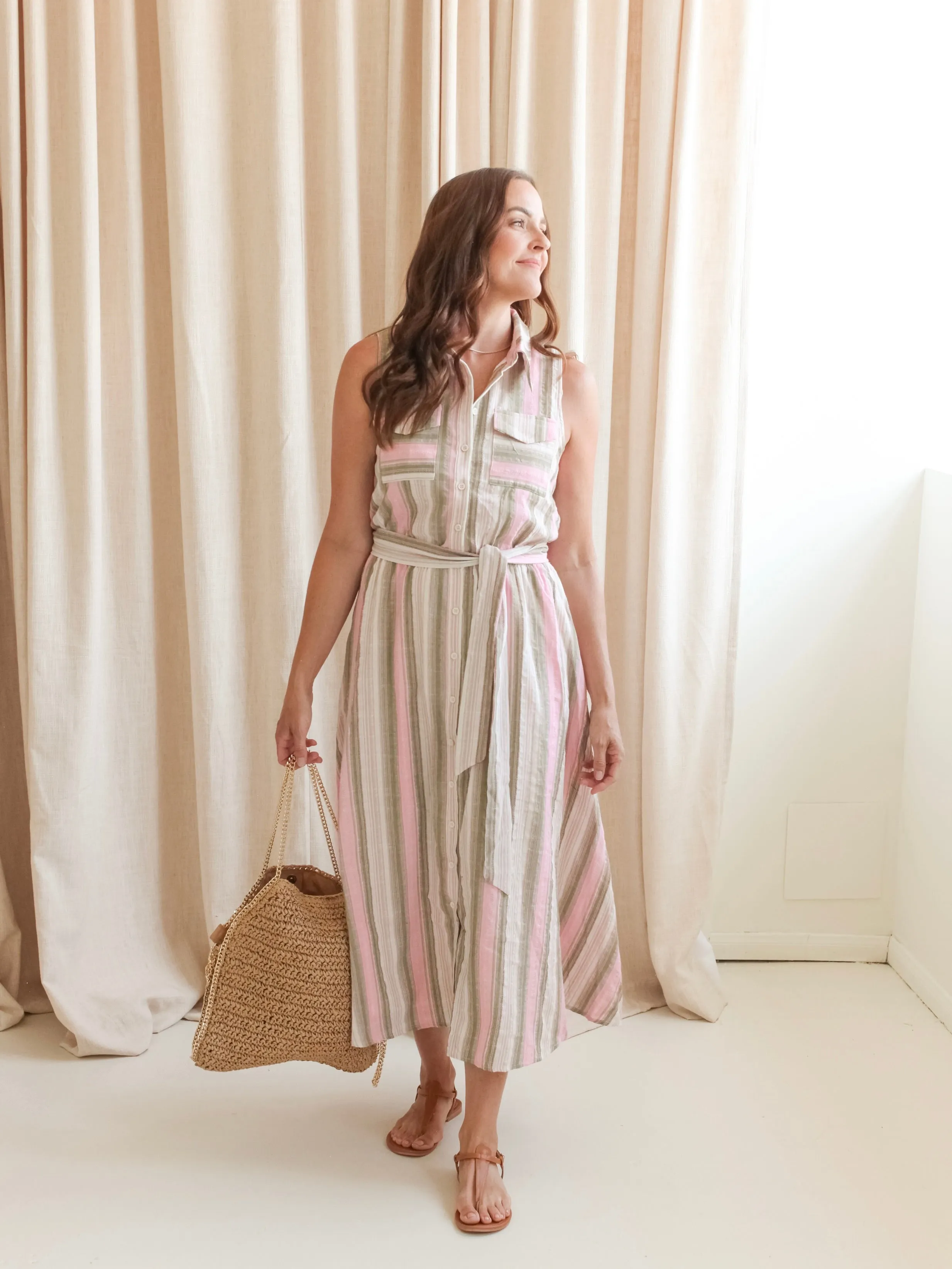 Romantic dinner wear Edgy Twist Brynlee Pink Stripe Midi Dress