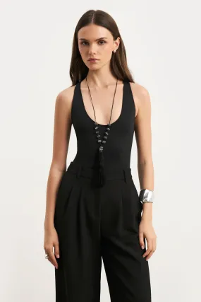 LaserCut Edges casual top Scoop Neck Racer Bodysuit - Black