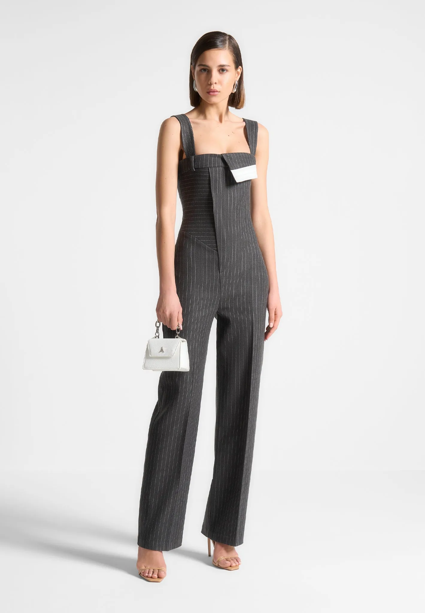 Camille - Tailored Pinstripe Jumpsuit - Grey SeamFreeShoulder