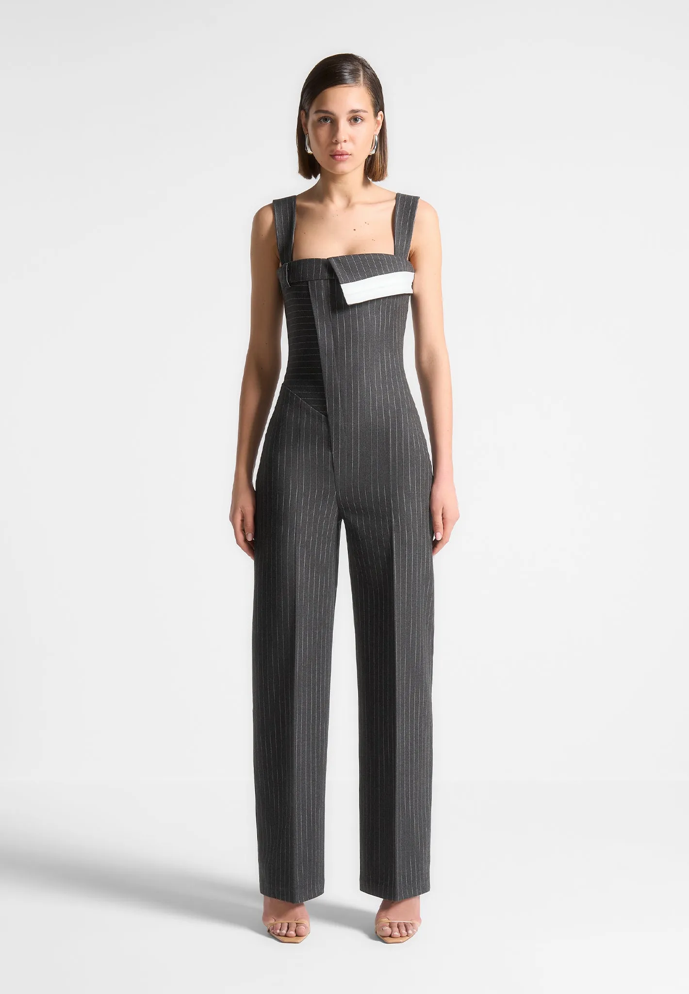 All Purpose Casual Cut Non Restrictive Mobility Camille - Tailored Pinstripe Jumpsuit - Grey