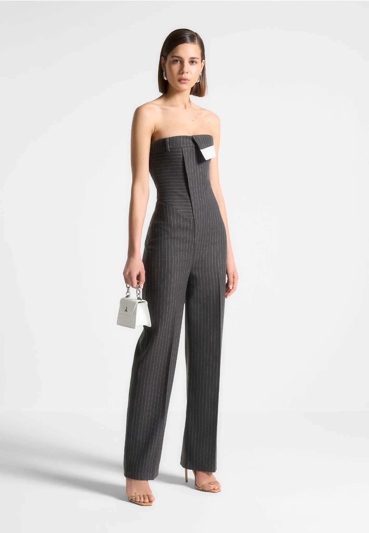 Camille - Tailored Pinstripe Jumpsuit - Grey Versatile Layering Piece