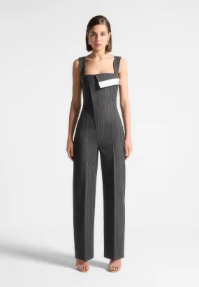All Purpose Casual Cut Non Restrictive Mobility Camille - Tailored Pinstripe Jumpsuit - Grey