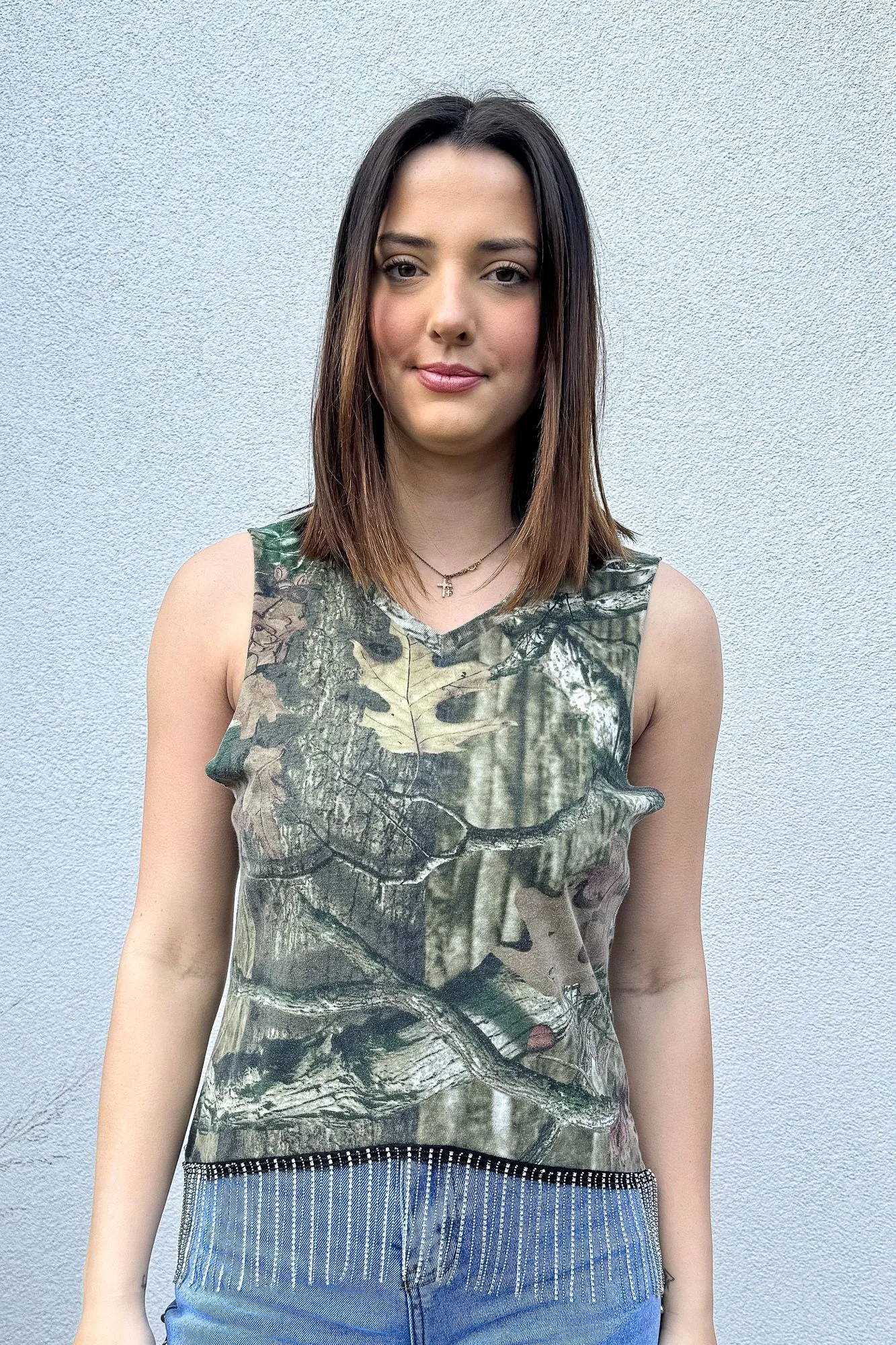 Stretch Blouse Camo Rhinestone Fringe Tank #4