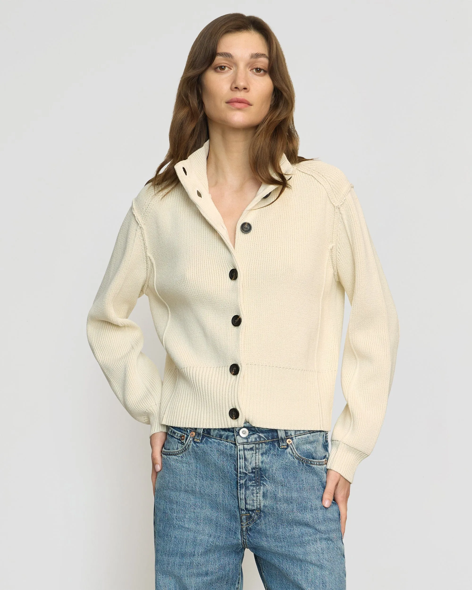 Clove Button Mock-Neck Knit Cardigan Versatile Style