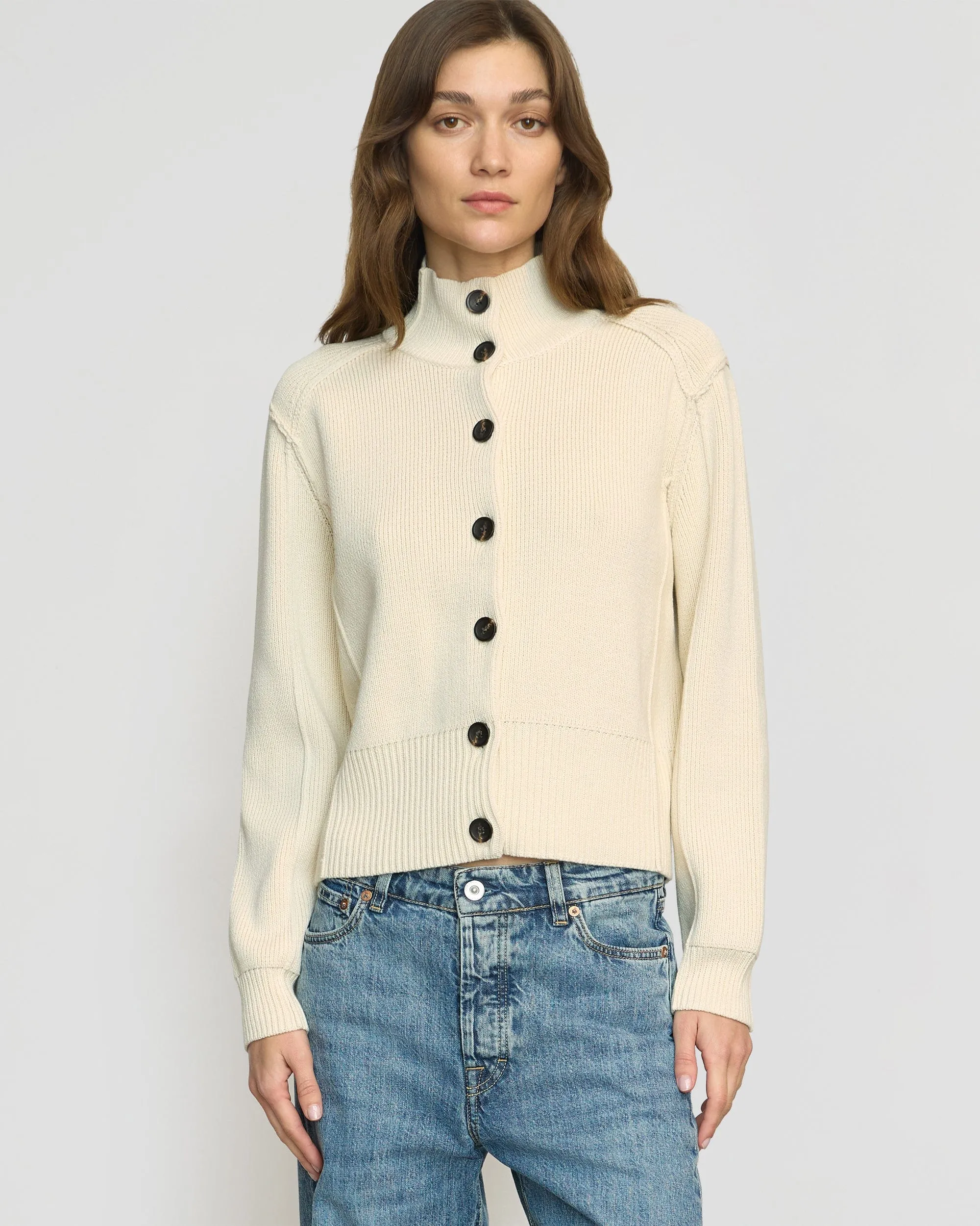 Clove Button Mock-Neck Knit Cardigan Soft touch layer