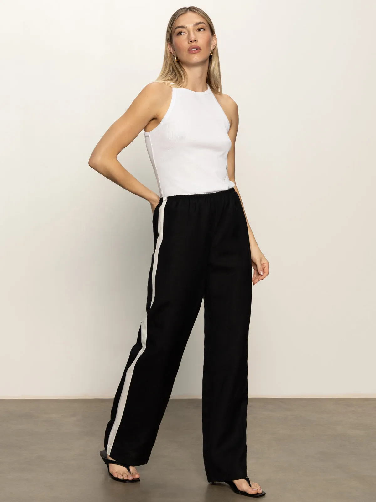 Casual Semi-High Rise Track Pant Black Chalk Stripe Lightweight Fabric