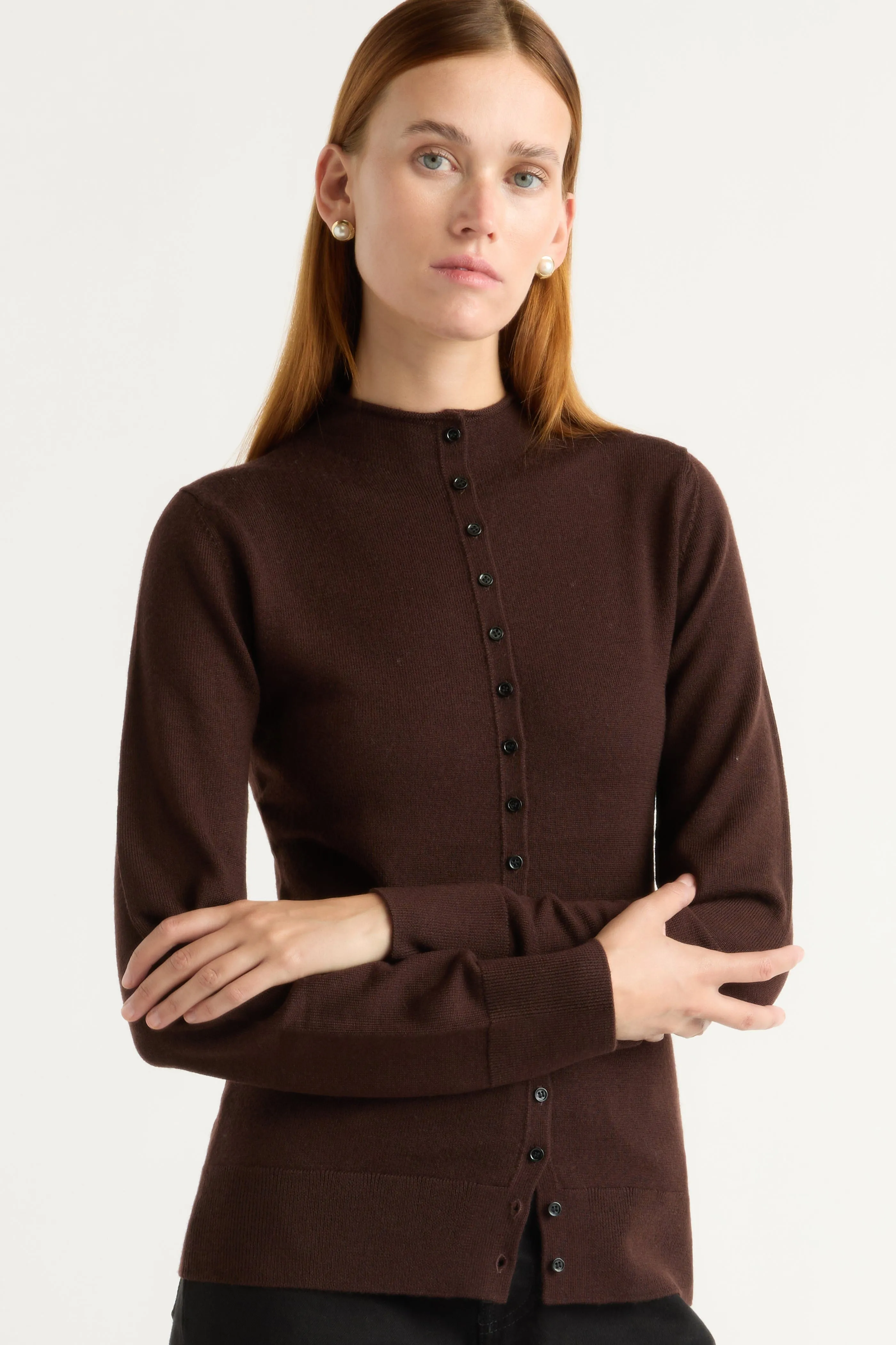 Adjustable drawstring Versatile Piece Charlene Wool Button Mock-Neck Sweater