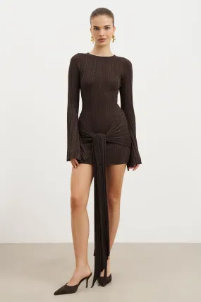 Fine Knit Gathered Longsleeve Mini Dress - Carob Shimmer Noble Glow