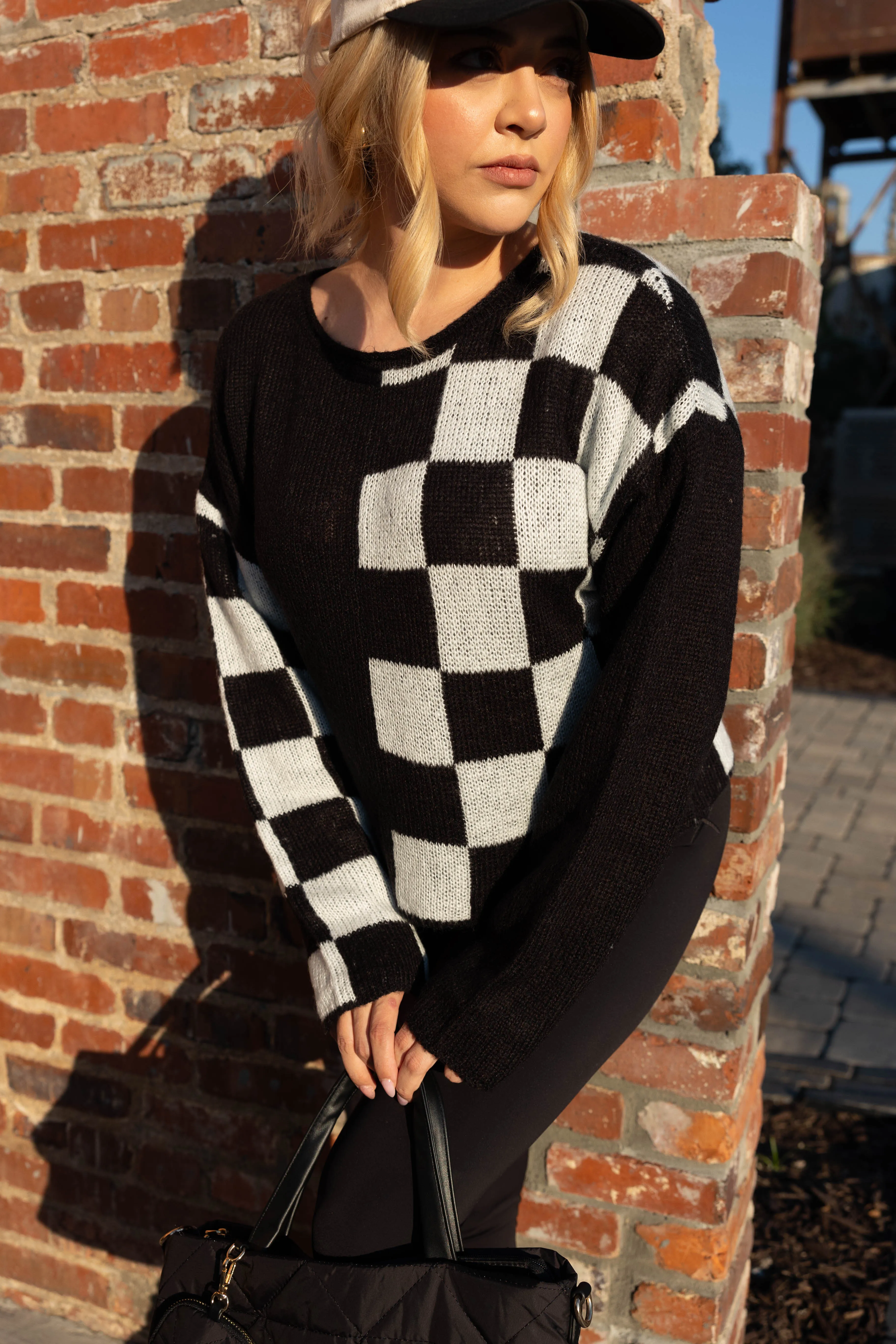 Checkered Charm Sweater SoftInteriorLining ConvertibleStyle