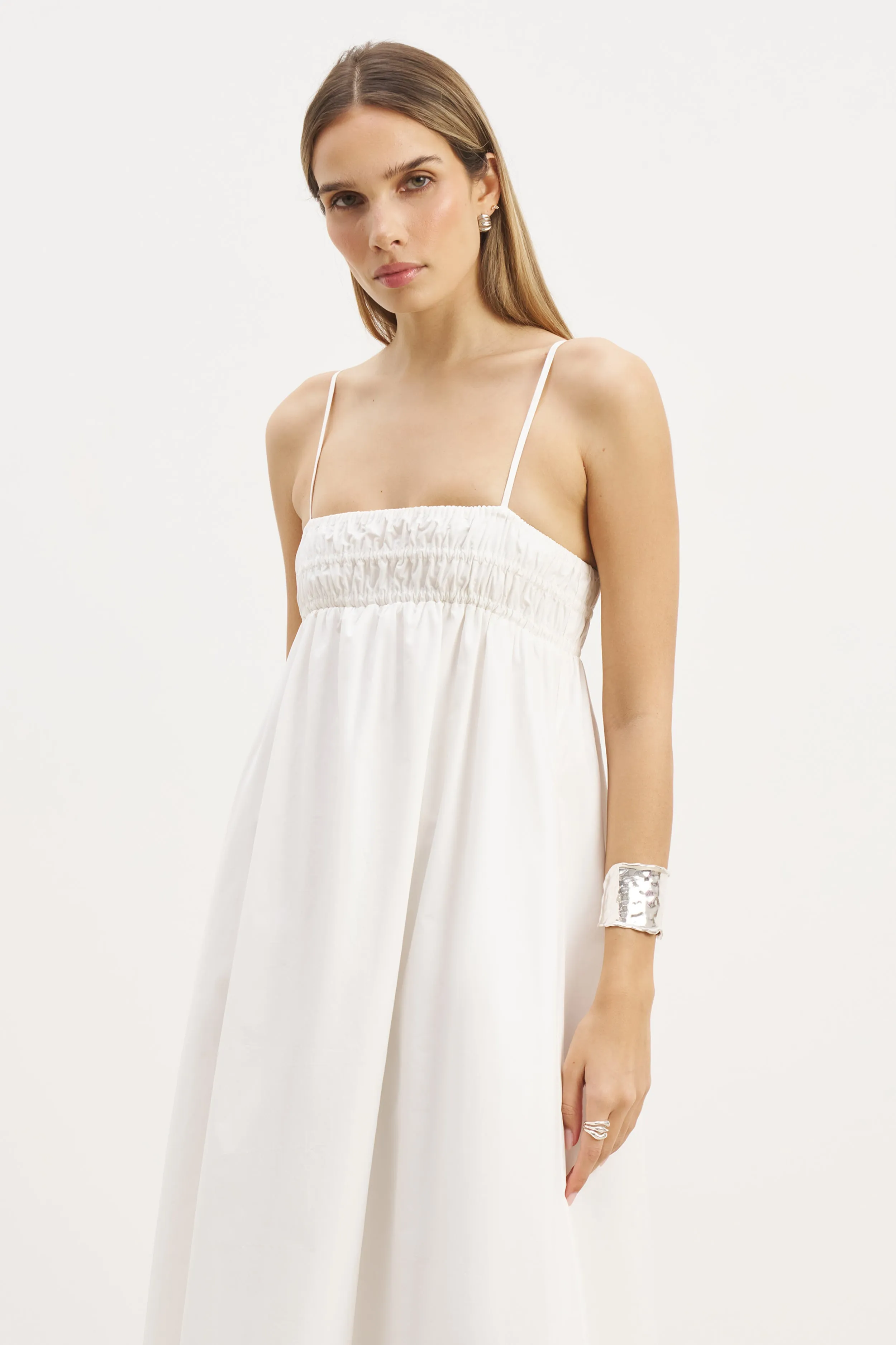 Polite Color Ruched Cotton Maxi Dress - White