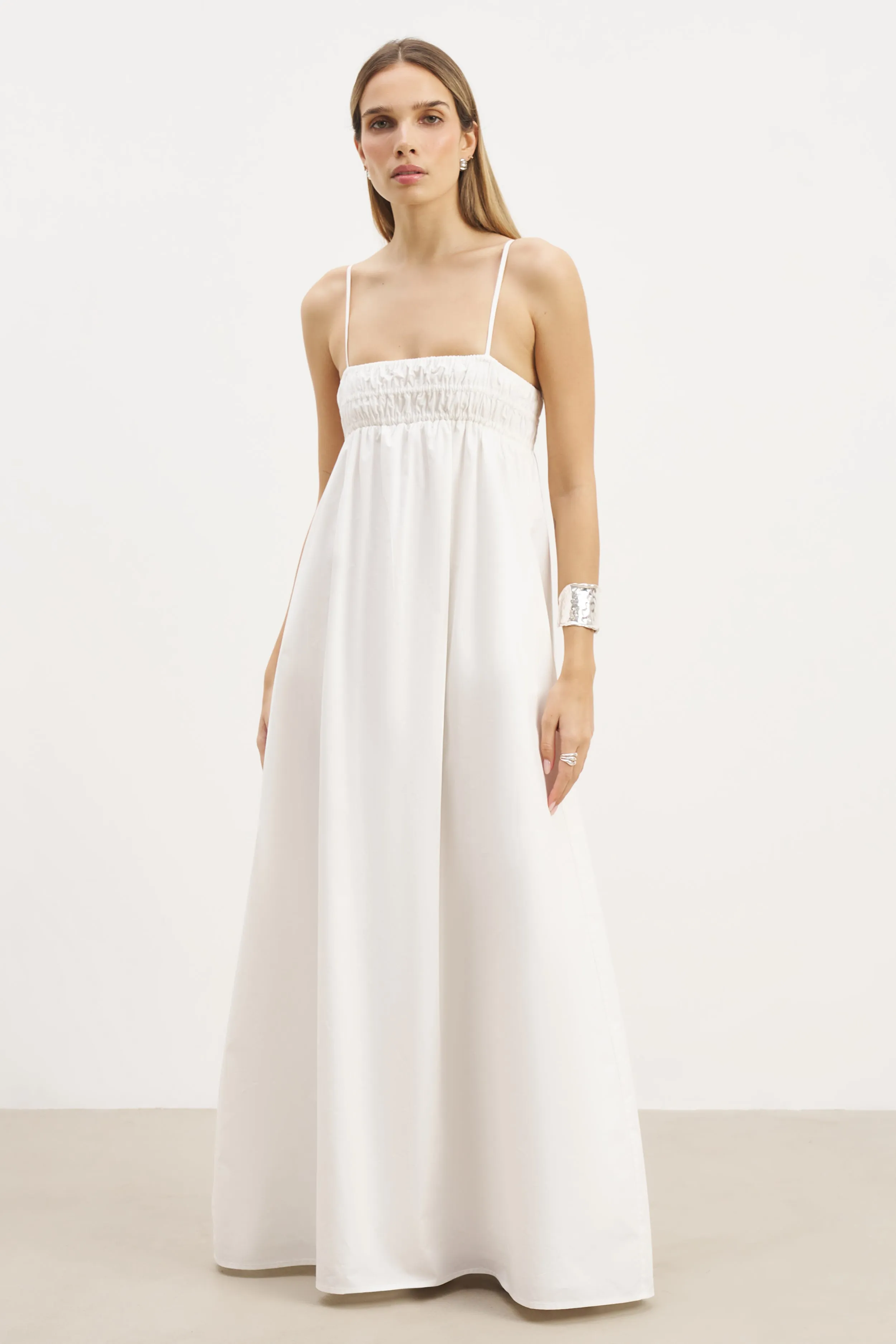 Ruched Cotton Maxi Dress - White Timeless Wear