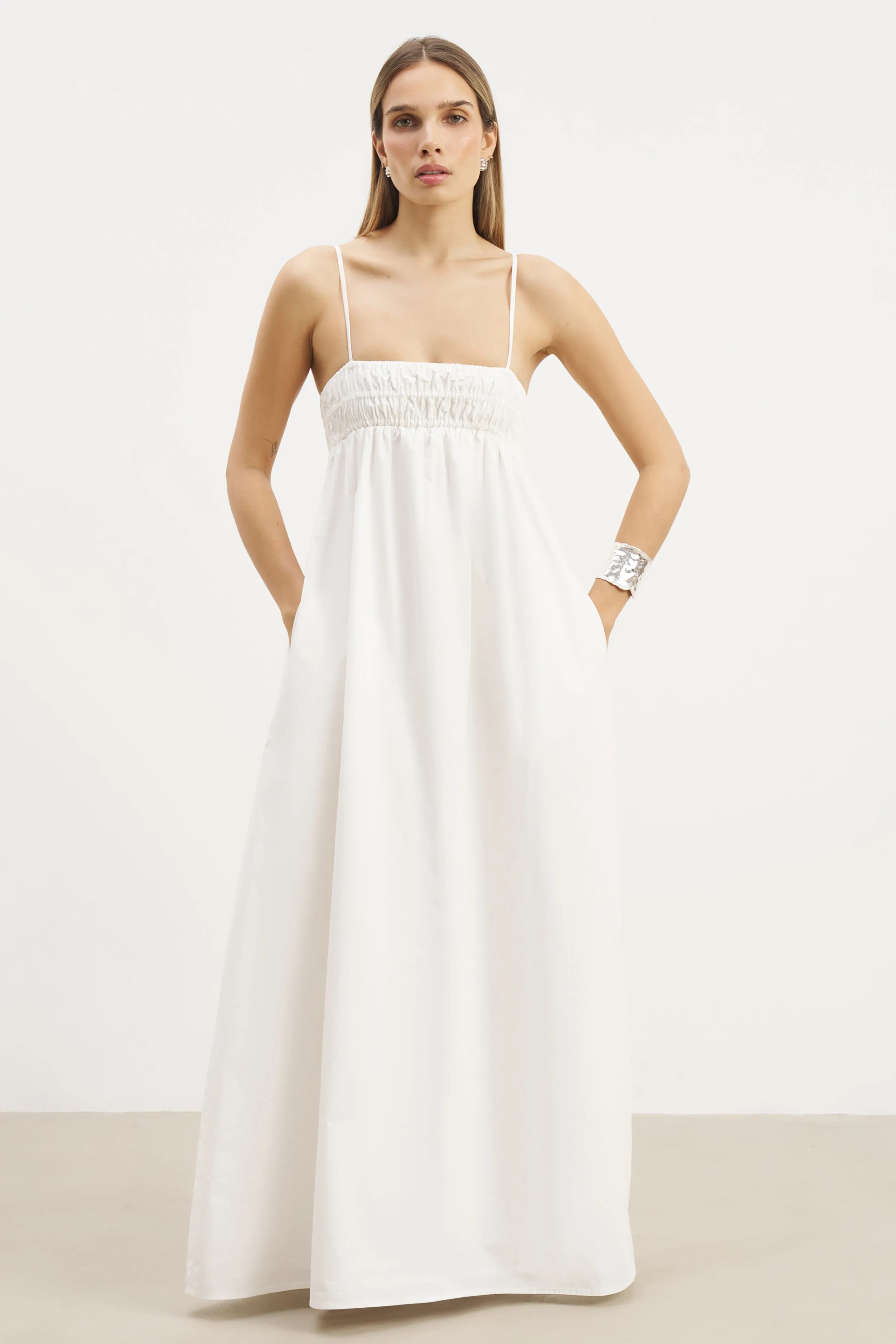 Ruched Cotton Maxi Dress - White Feminine layered dress Back-Zip