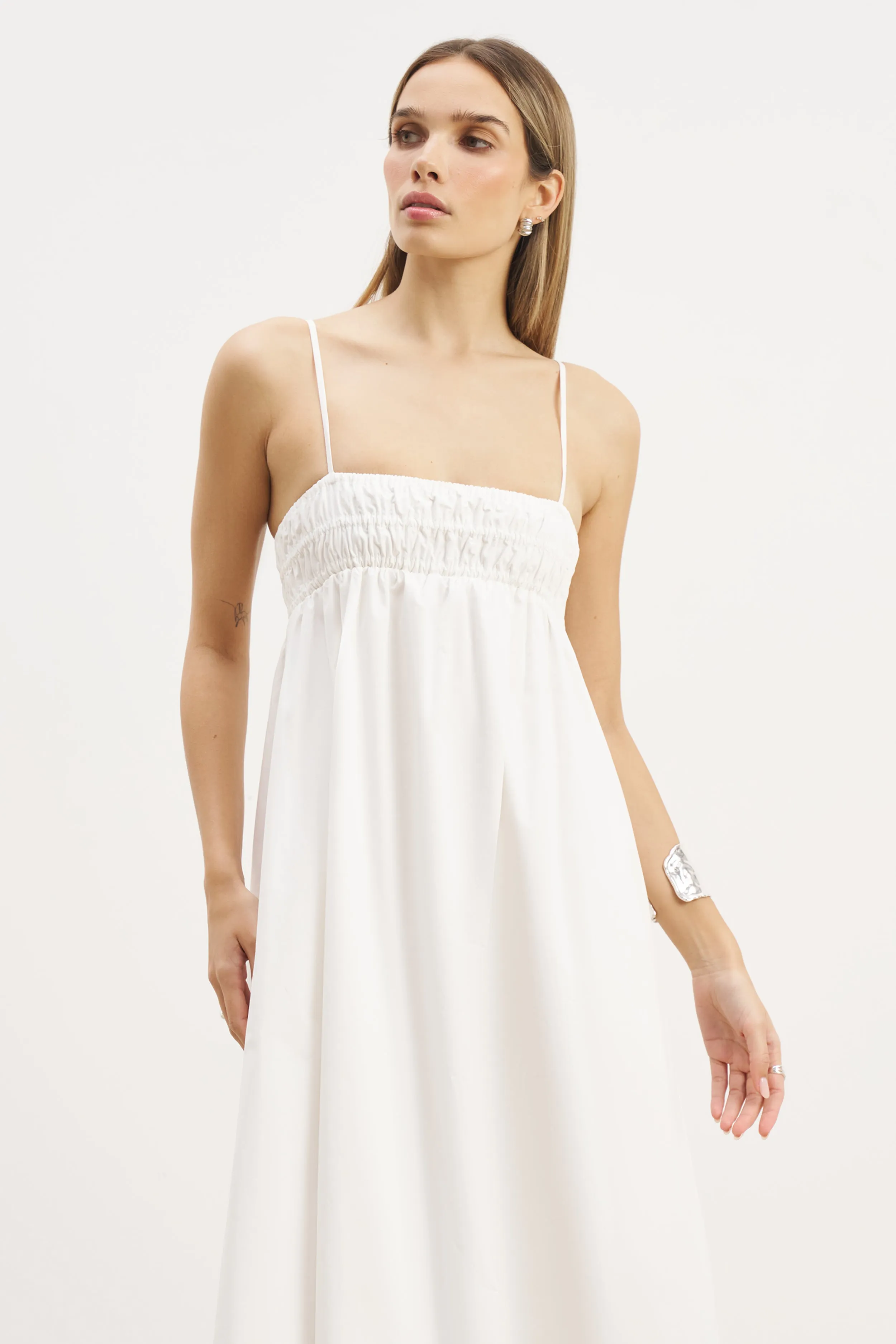 Office Wear High Waist Ruched Cotton Maxi Dress - White