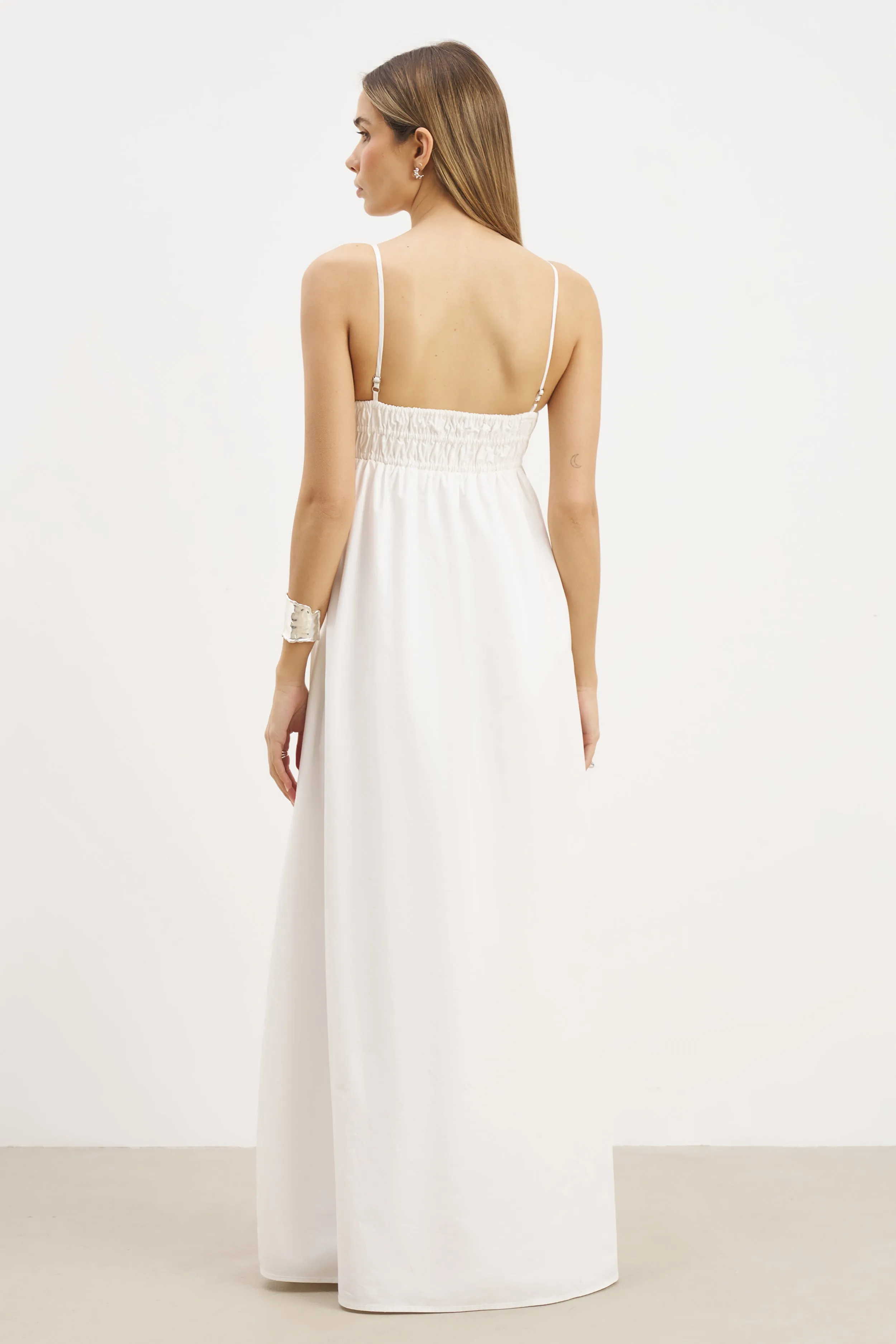 Ruched Cotton Maxi Dress - White Calm Shine Muted Tones