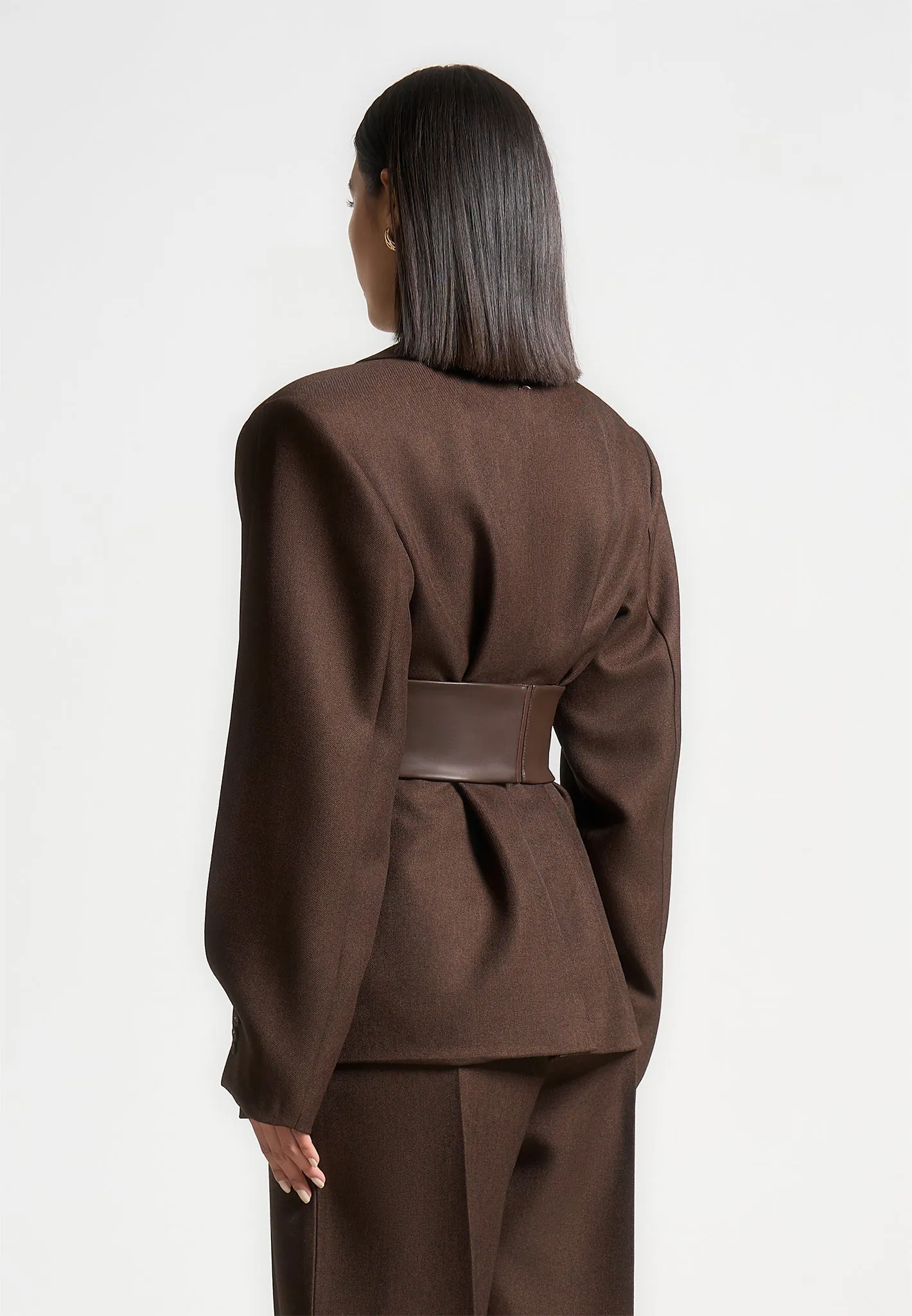 Chilly Day Layer Marie - Twist Sleeve Tailored Blazer with Belt - Brown