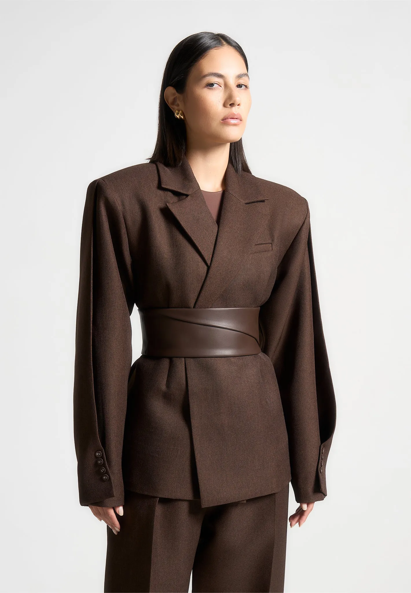 Marie - Twist Sleeve Tailored Blazer with Belt - Brown Flattering wear Timeless Work Look