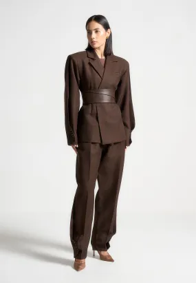 Crisp Look Marie - Twist Sleeve Tailored Blazer with Belt - Brown