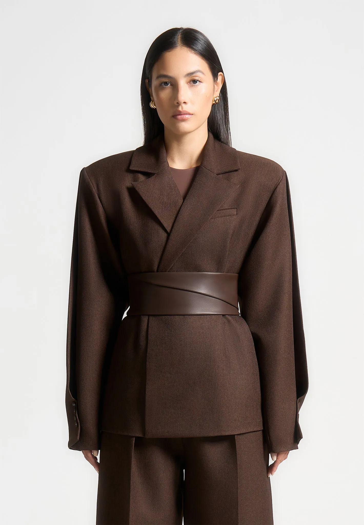 Marie - Twist Sleeve Tailored Blazer with Belt - Brown Business Wear Polished Comfort