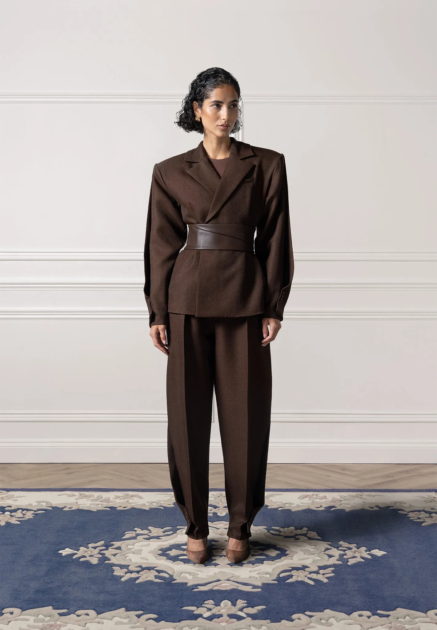 Tailoring Enhancement Features Luxury Comfort Marie - Twist Sleeve Tailored Blazer with Belt - Brown