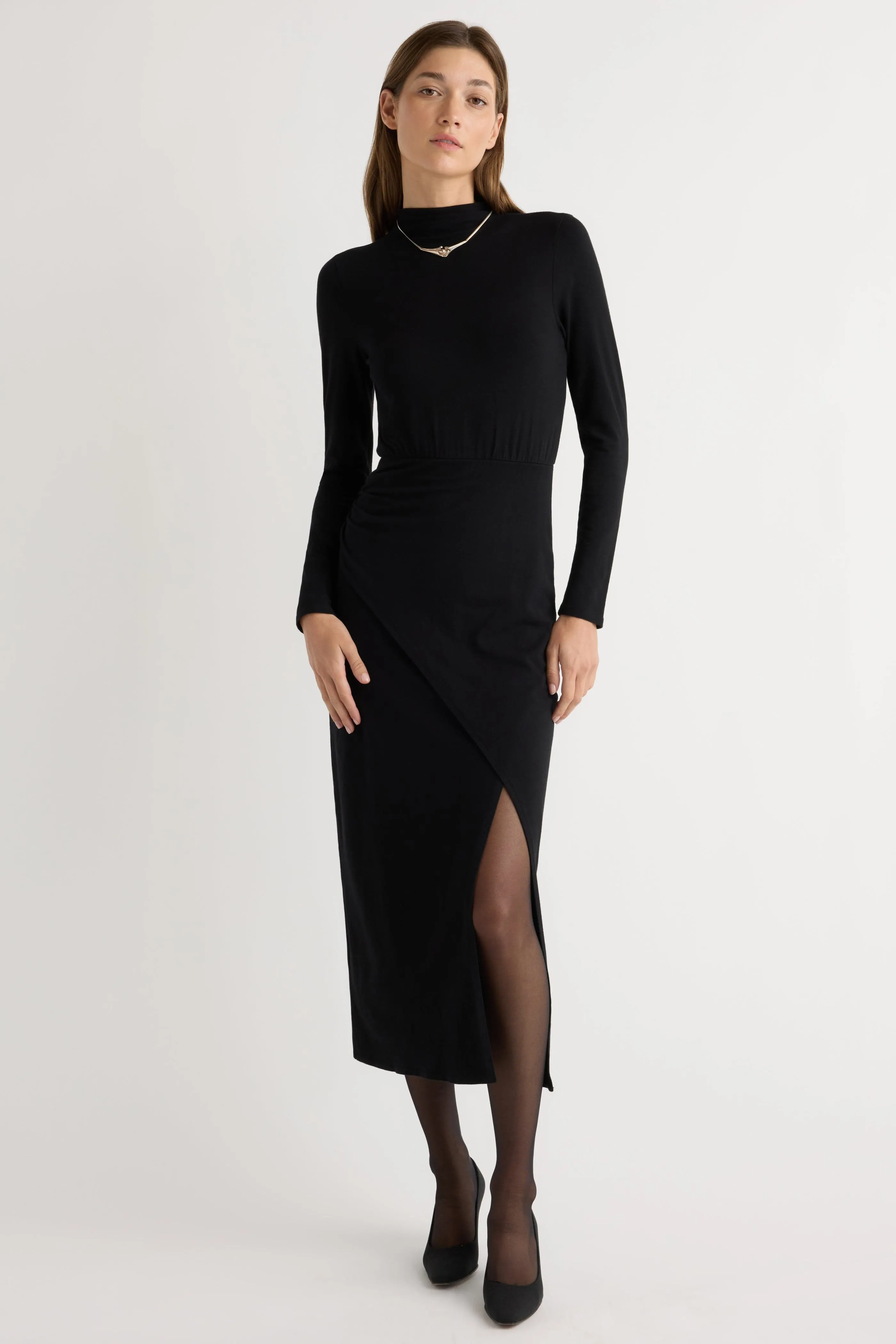 Work or Casual Basic Shape Suki Mock-Neck Side-Slit Dress