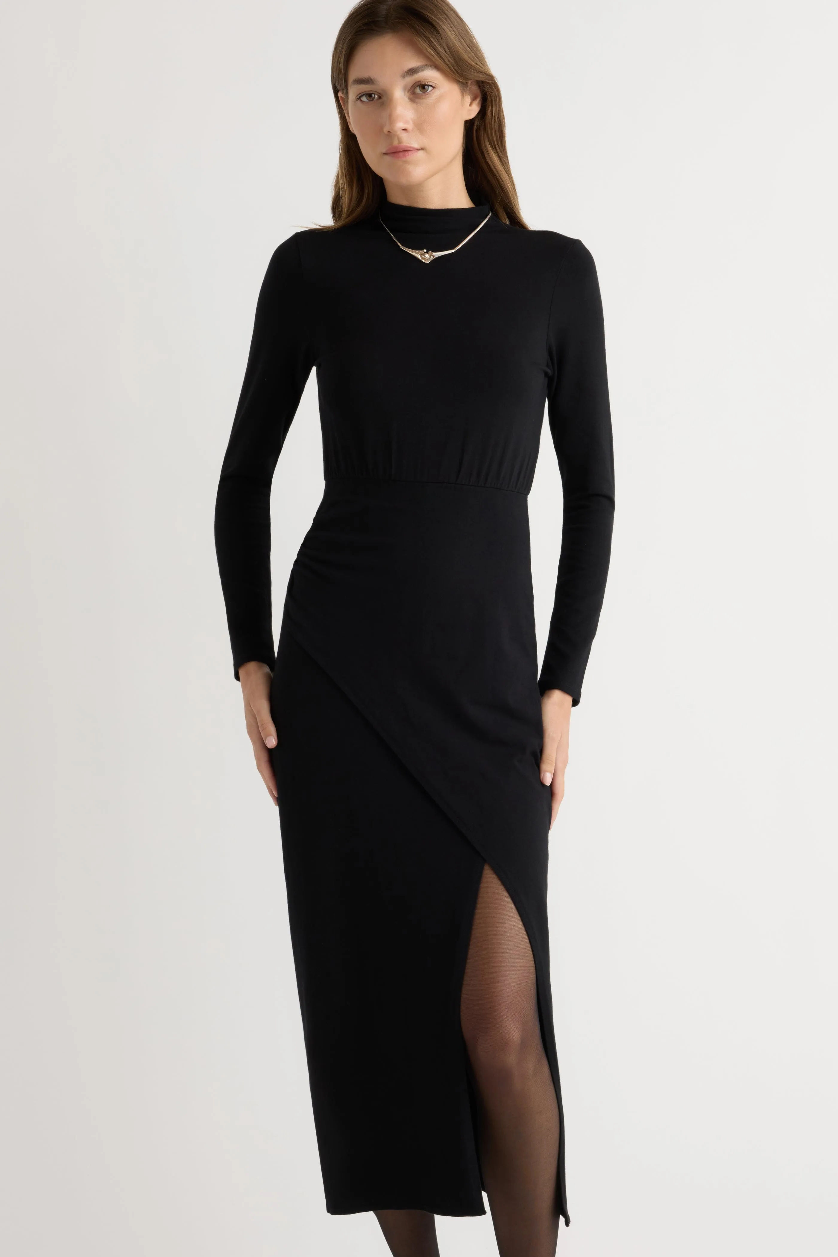 Suki Mock-Neck Side-Slit Dress Velvet-Sleeve Cute Glow