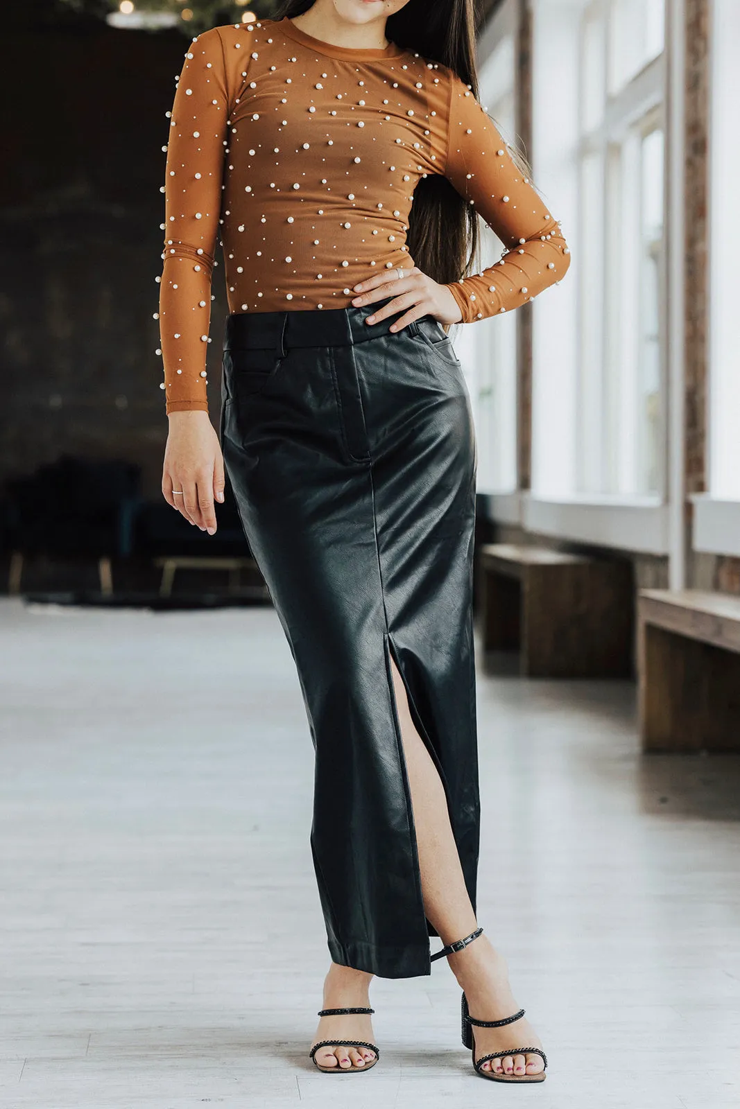 Party Floral Breathable Layering Astr Low Rise Faux Leather Midi Skirt Lux Collection - FINAL SALE