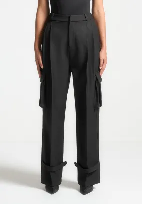 Luxury Business Style Sculpted comfort Danielle - Tailored Pleated Cargo Trousers - Black