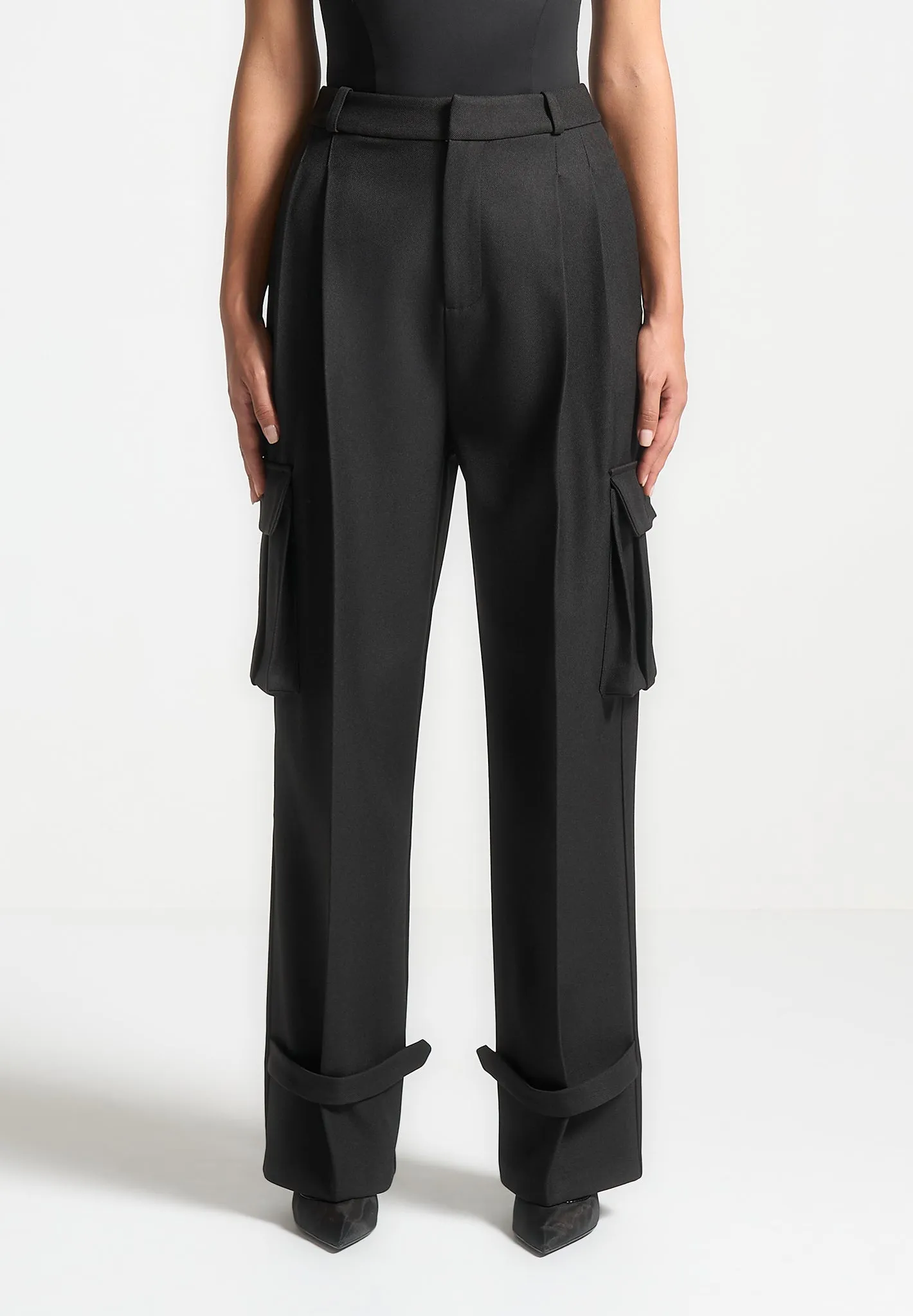Danielle - Tailored Pleated Cargo Trousers - Black Timeless business wear