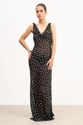 Flexible Fit Vibrant color Chiffon Cowl Neck Gown - Maxi Polka Dot