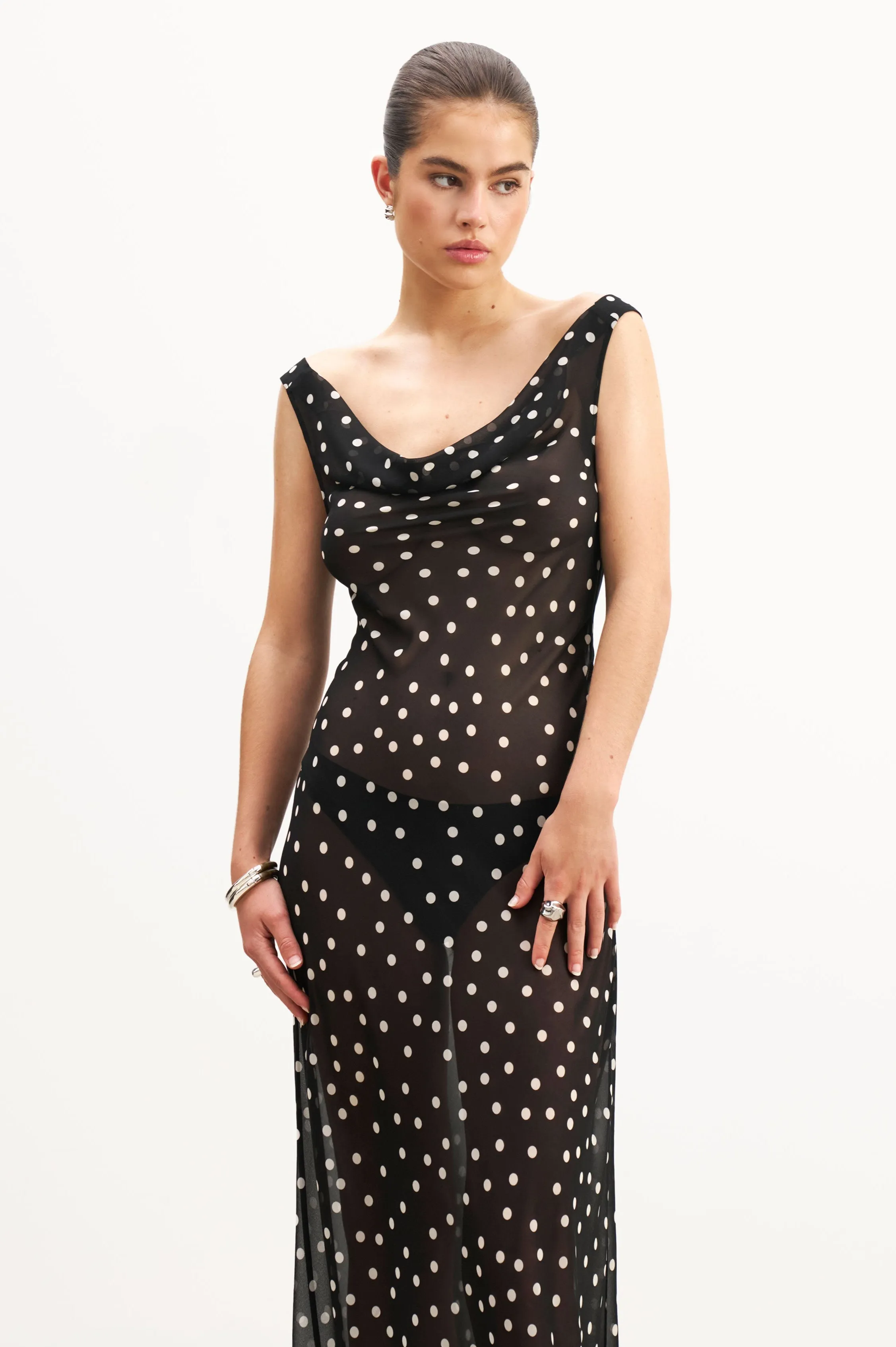 Chiffon Cowl Neck Gown - Maxi Polka Dot colorfast Winter Classic