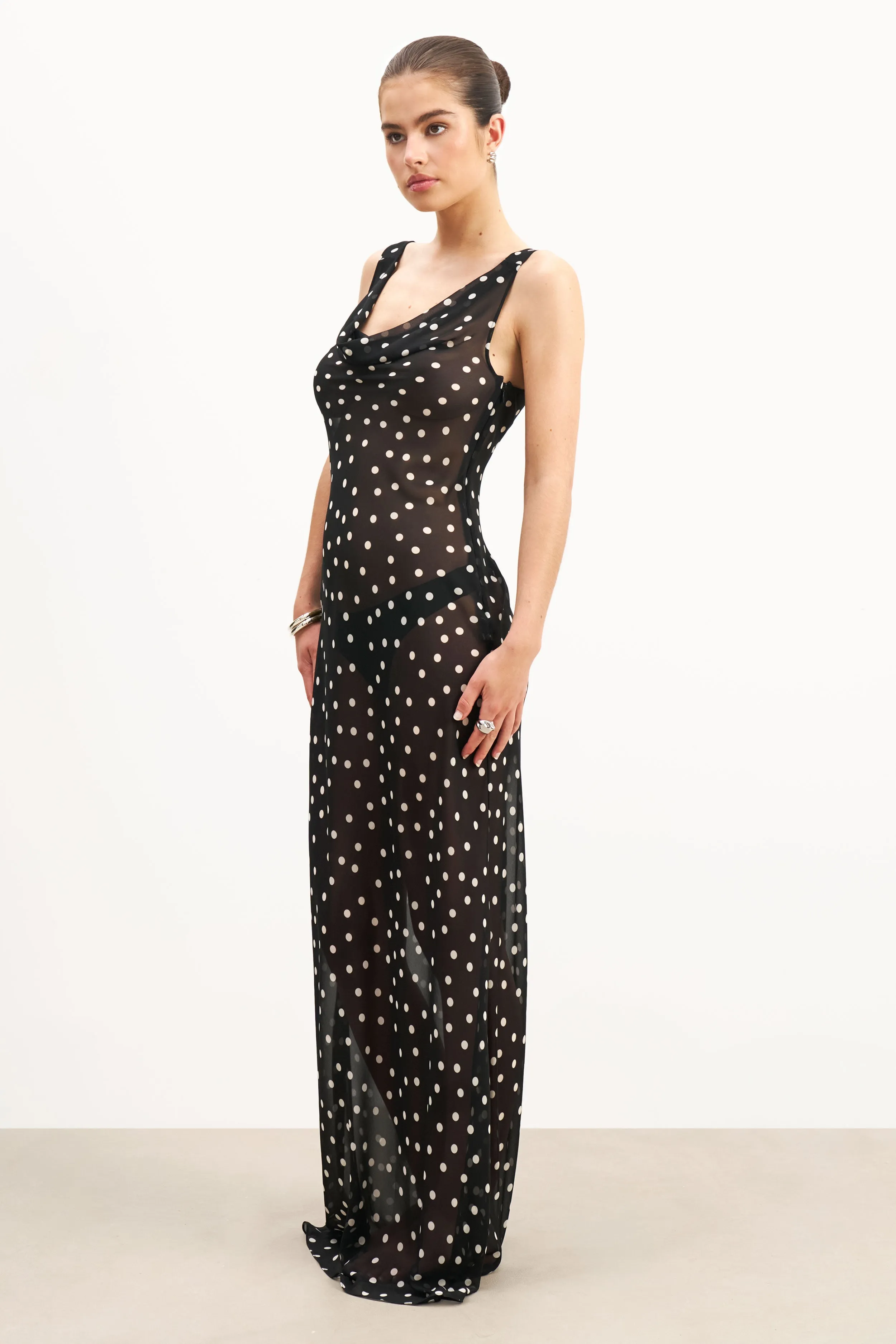 Calm Style Classic and Chic Chiffon Cowl Neck Gown - Maxi Polka Dot