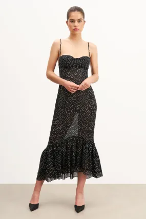 Chiffon Ruffle Ruched Bust Midi Dress - Mini Polka Dot Weekend Fresh