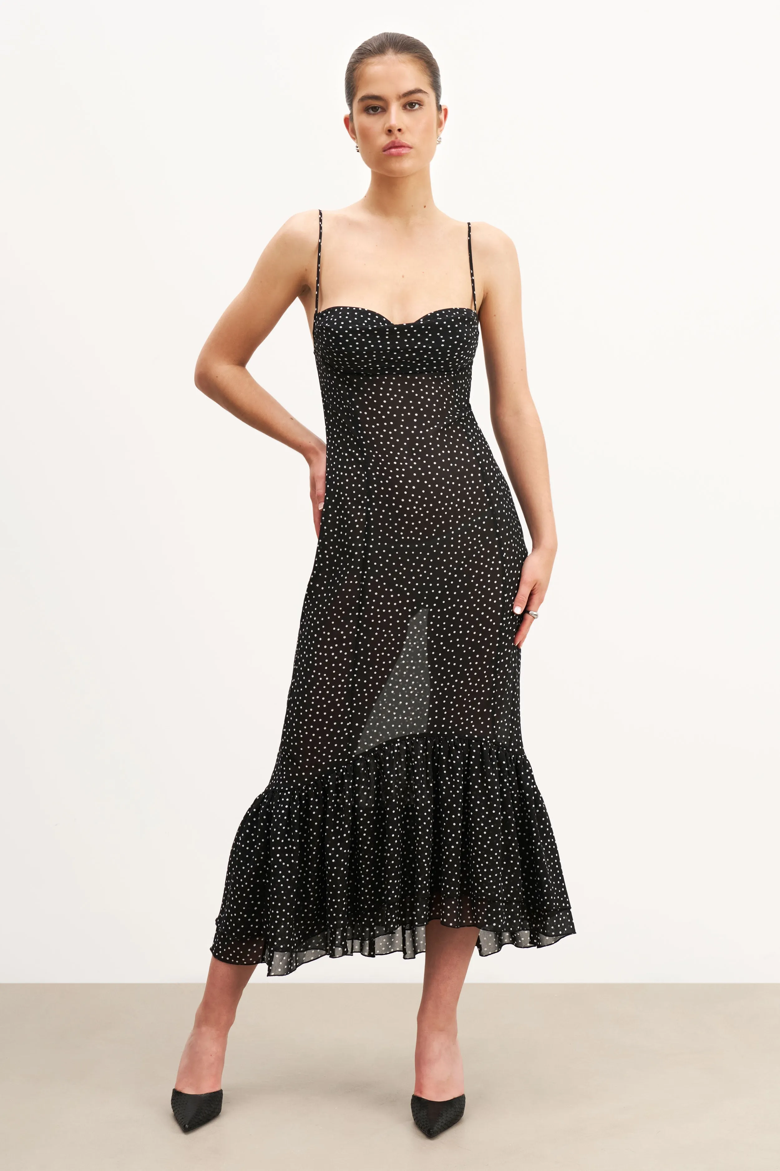 Chiffon Ruffle Ruched Bust Midi Dress - Mini Polka Dot Trendy wrap gown