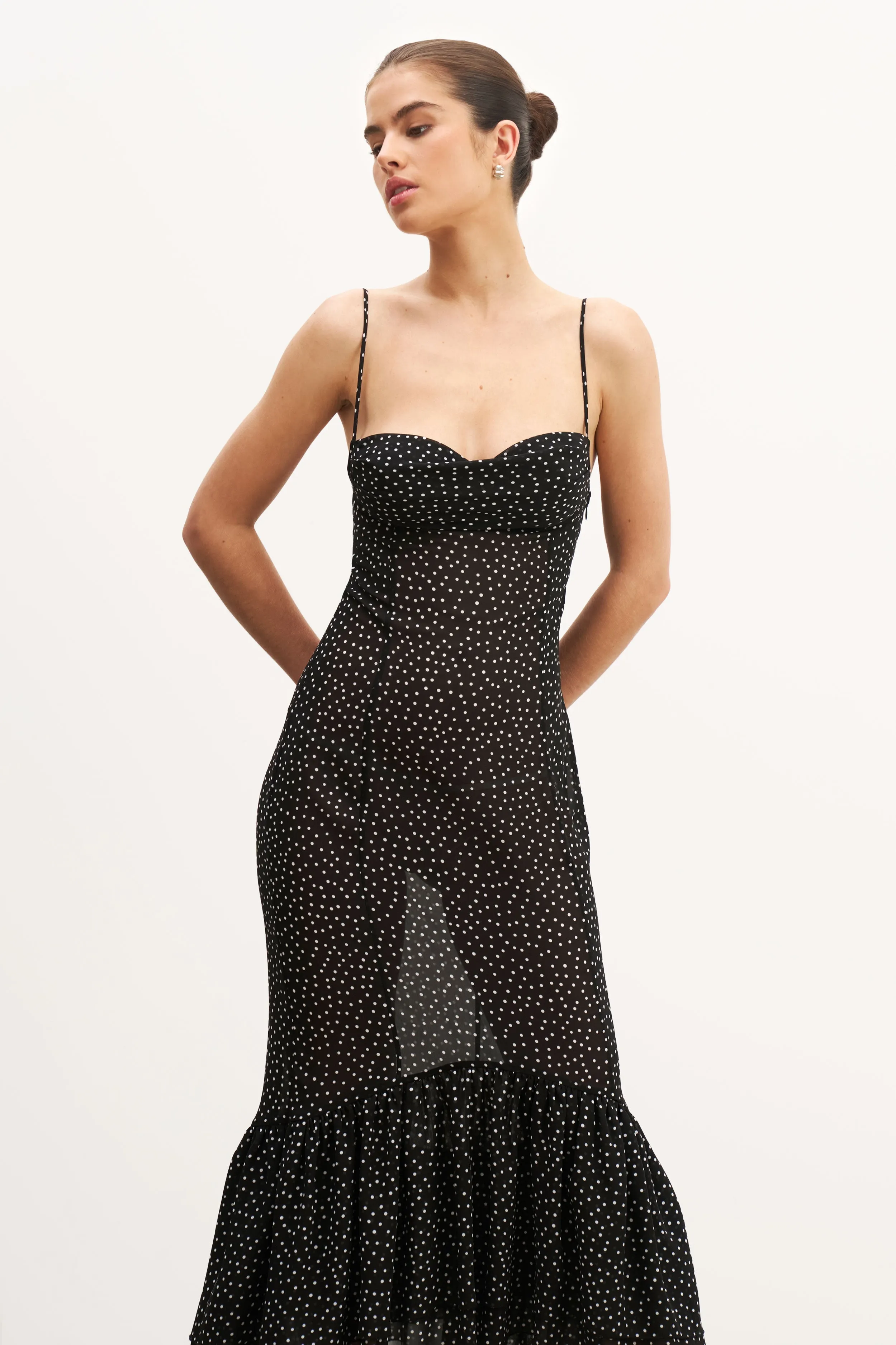 Chiffon Ruffle Ruched Bust Midi Dress - Mini Polka Dot Contemporary Look