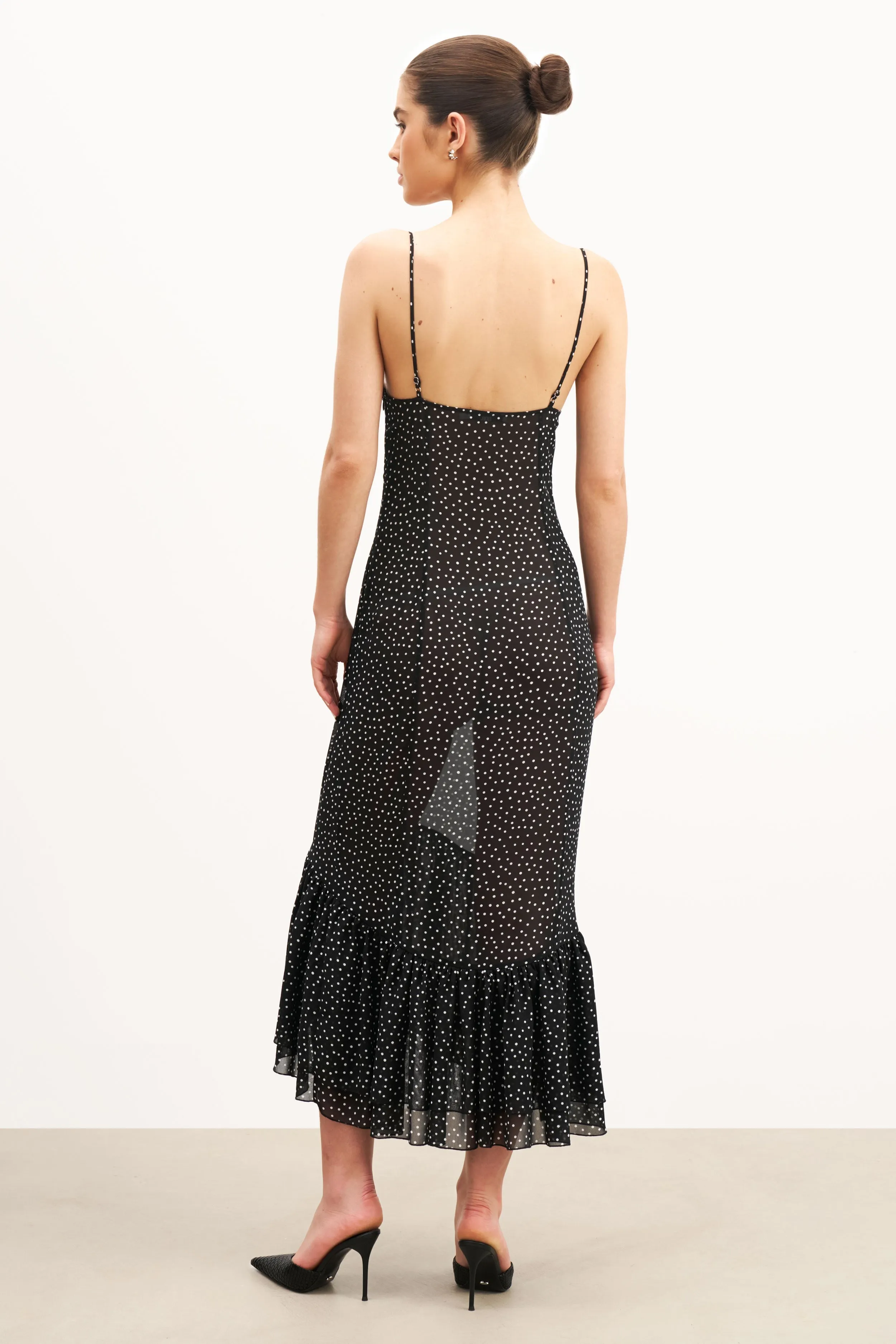 Travel Light Sharp Fit Chiffon Ruffle Ruched Bust Midi Dress - Mini Polka Dot