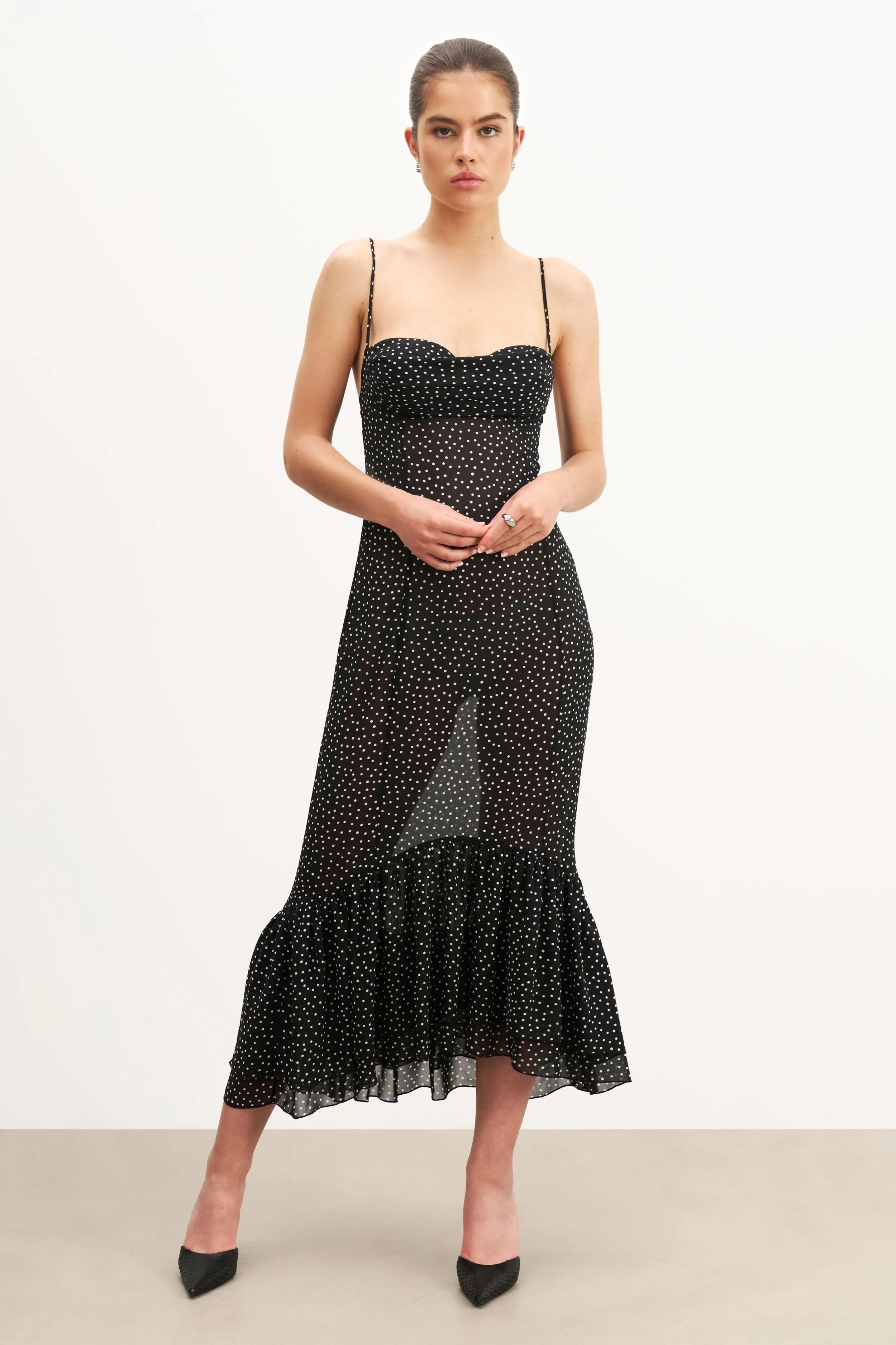 Form Focus Lace-Trim Chiffon Ruffle Ruched Bust Midi Dress - Mini Polka Dot