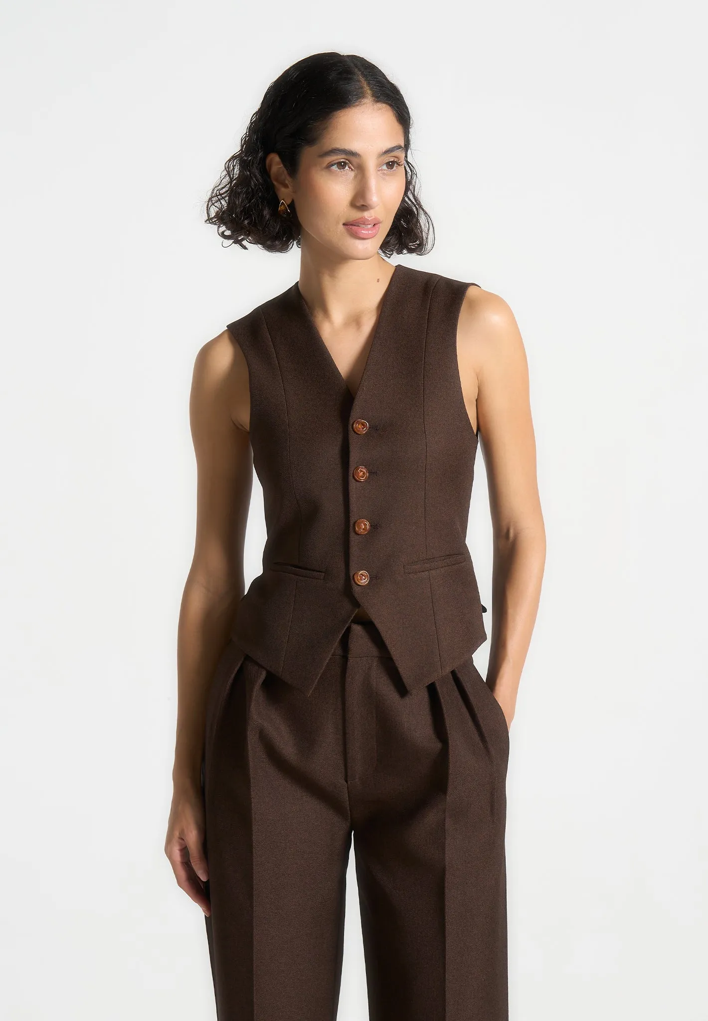 Christine - Tailored Cinch Waistcoat - Brown Business Casual Fit Fashionable Office Wear