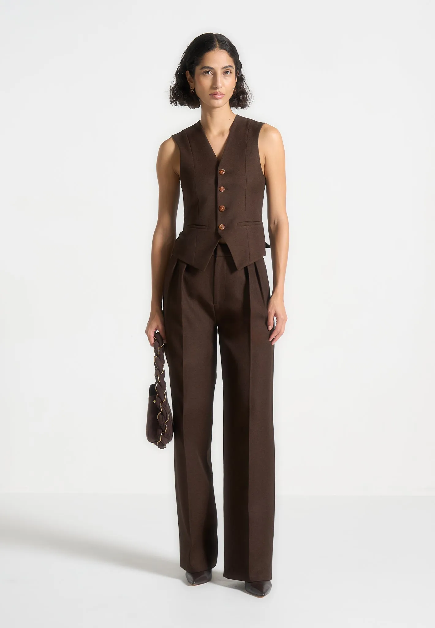 Christine - Tailored Cinch Waistcoat - Brown Durable stitching details Modern Cut