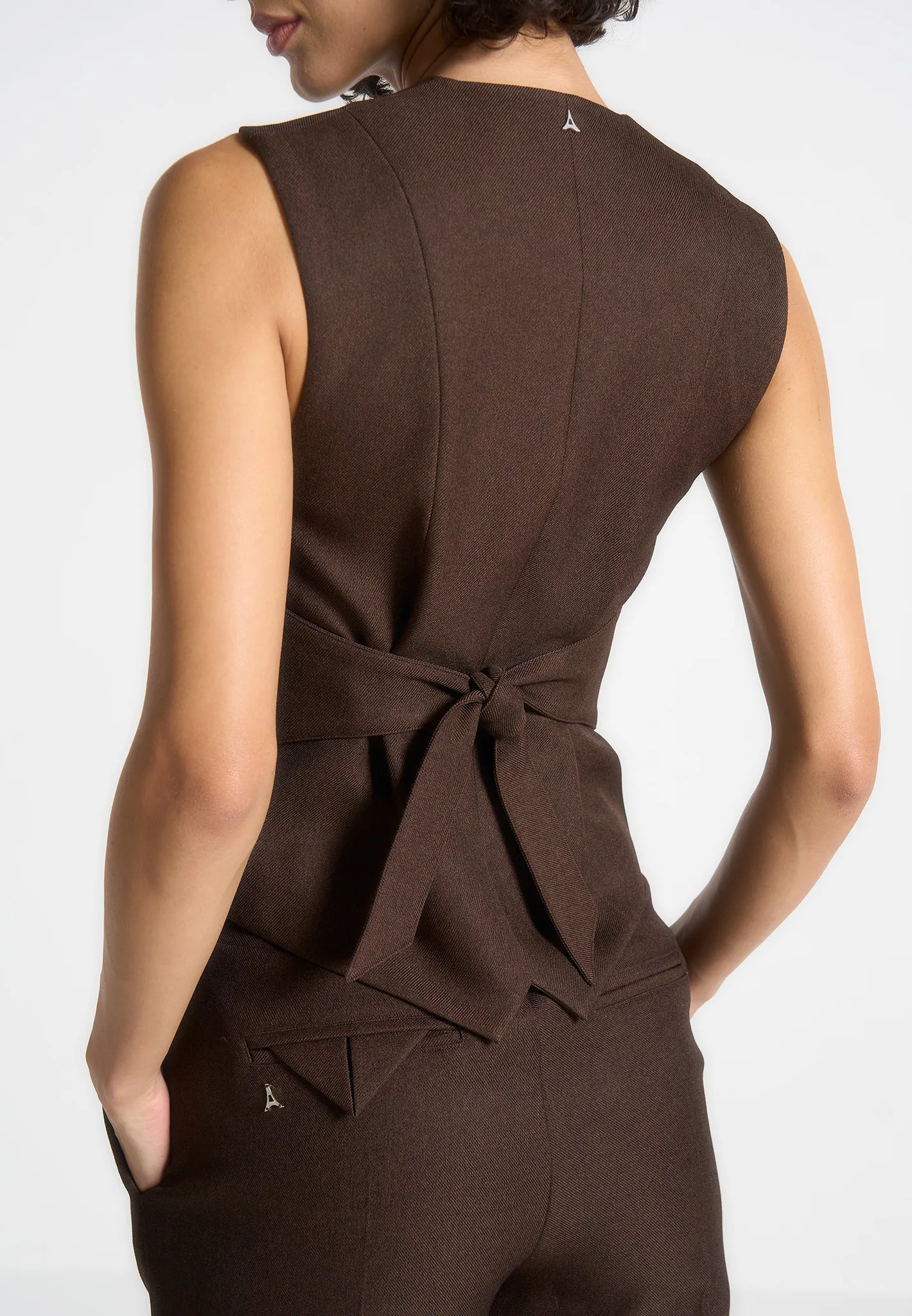 Christine - Tailored Cinch Waistcoat - Brown Snag Resistant Weave