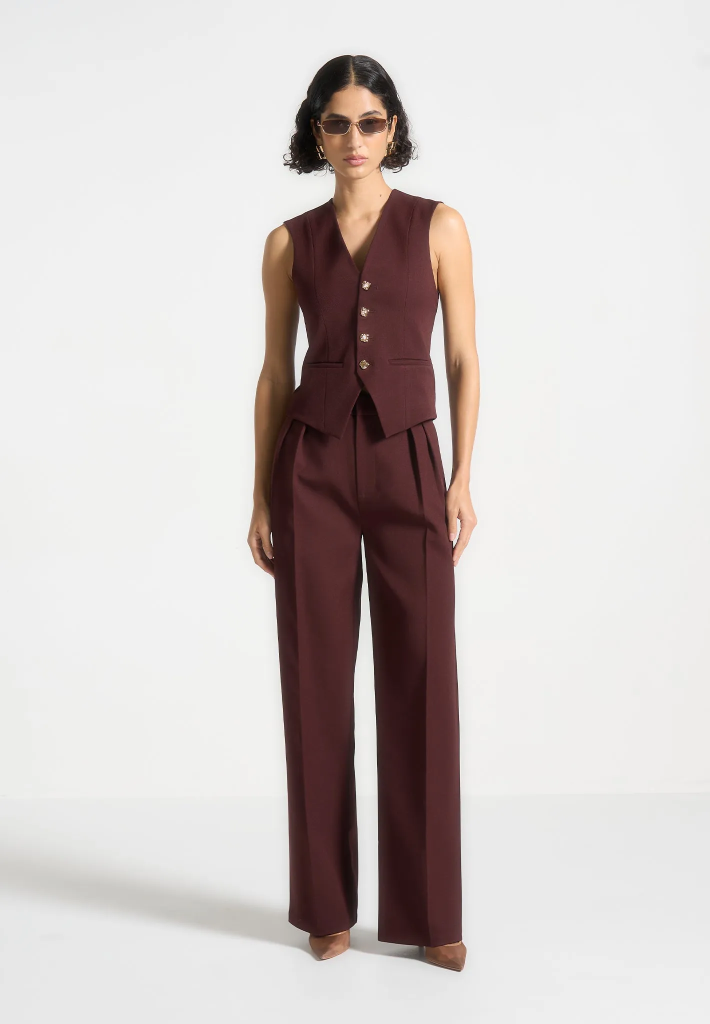 Christine - Tailored Cinch Waistcoat - Wine Red Elegant Finish All-Weather Wear