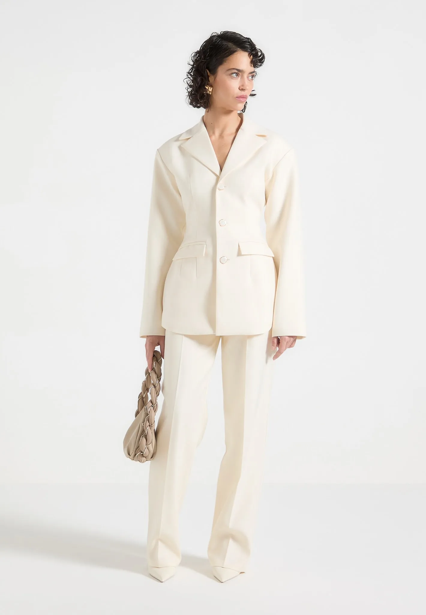 Claire - Wide Shoulder Cinch Waist Blazer - Cream Cozy Layers