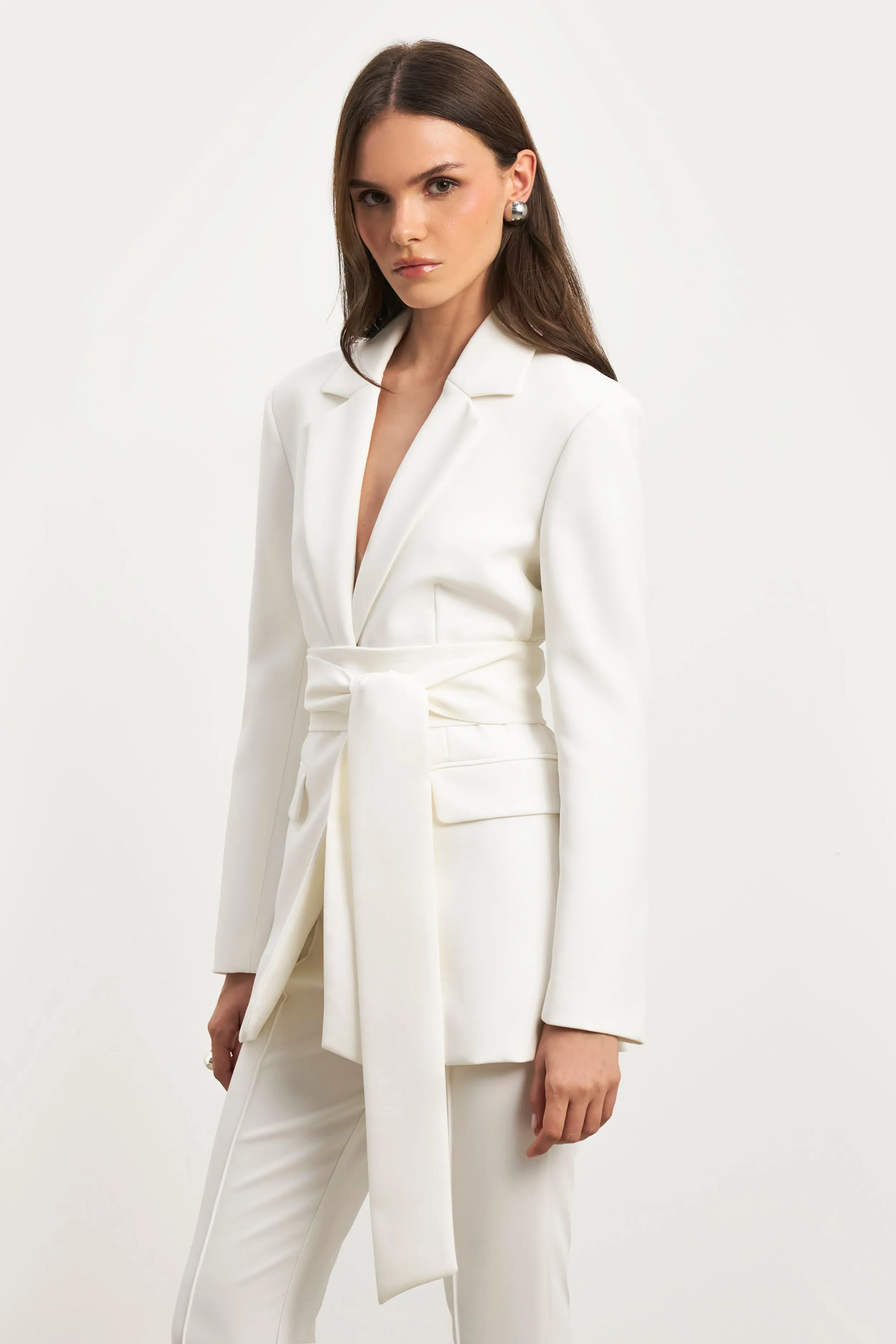 Classic Blazer With Belt - White Lower body workouts