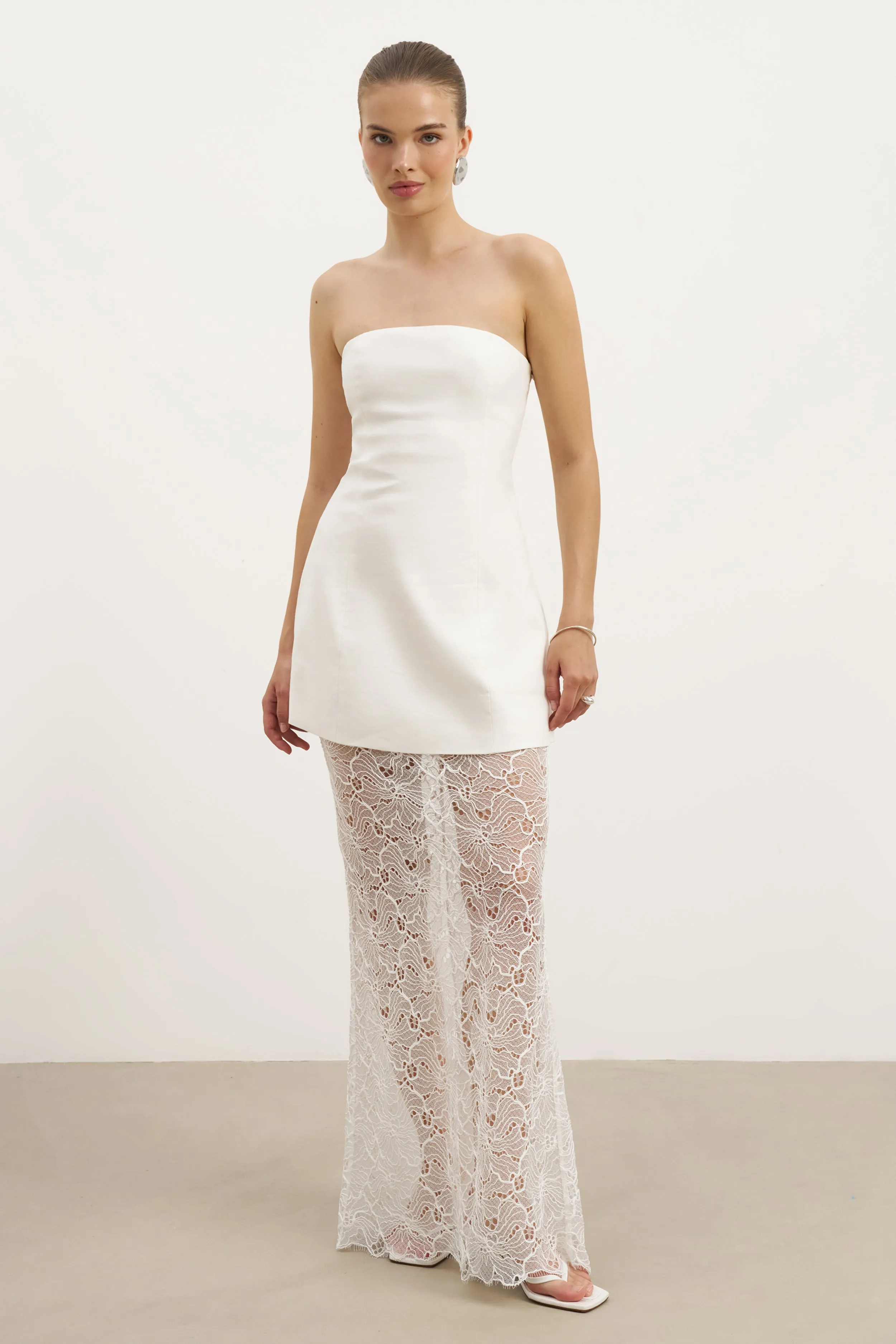 Minimalist Layering Lace Column Maxi Skirt - White