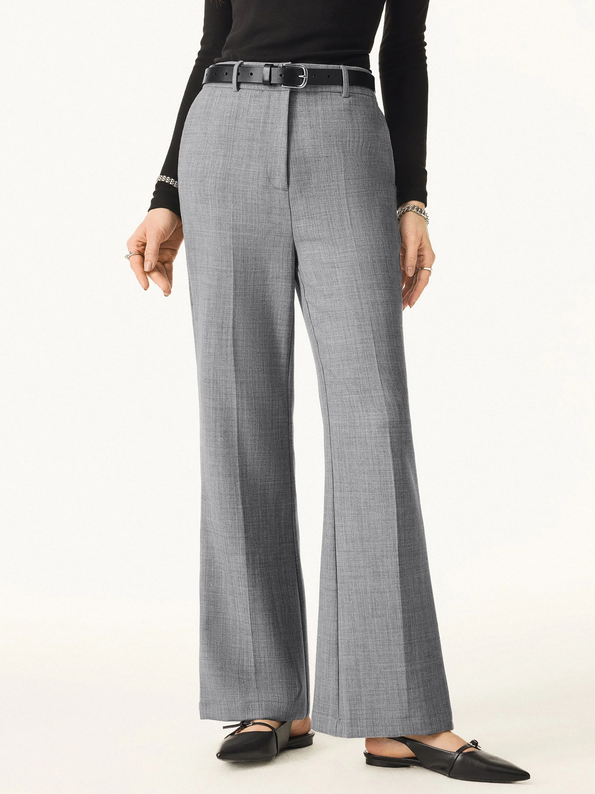 Quick Adjust Fit Flexible Gusset Design Stretch Wool Mid Rise Flared Trousers with Pockets