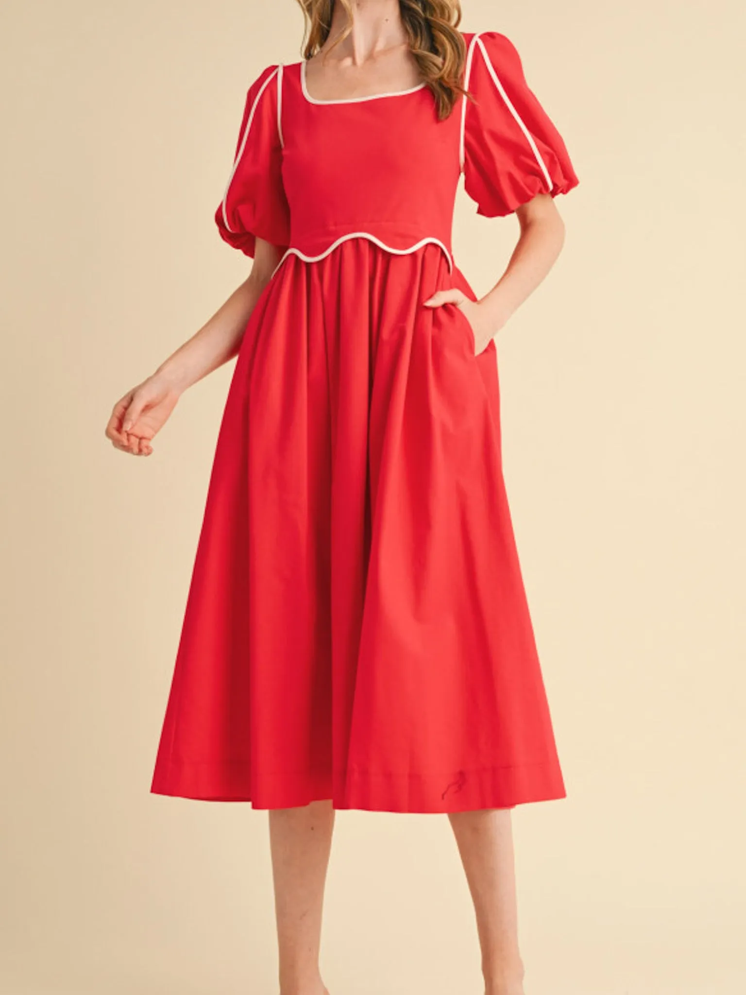 Chill Style Silky Silhouette Red Scallop Midi Dress